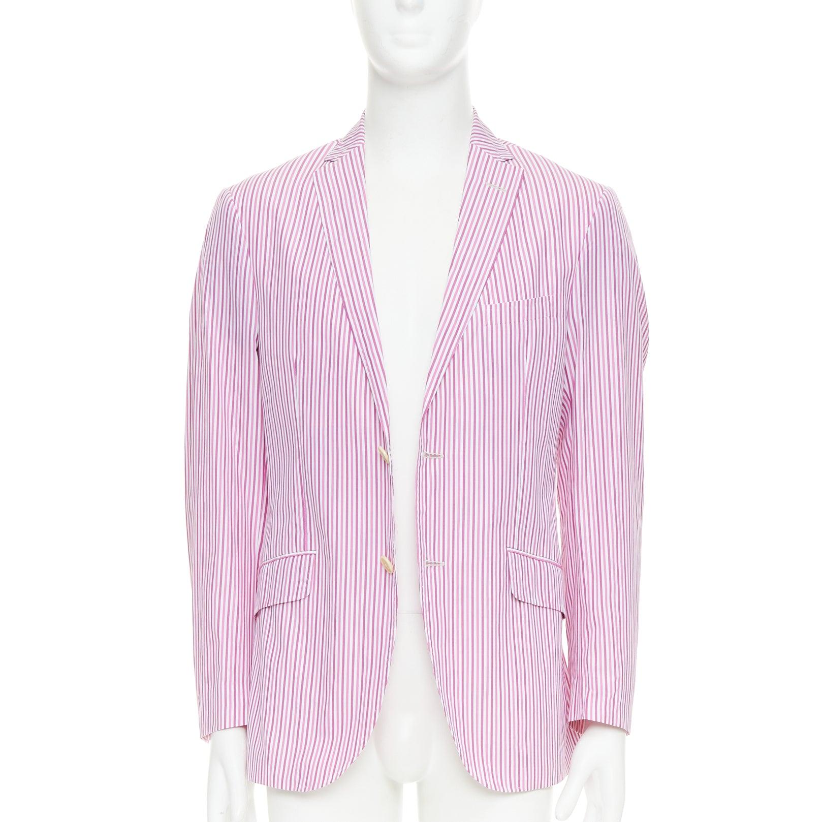 Grigio Etro rosa, bianco, cotone a righe, blazer monopetto con pinces IT52 XL in vendita