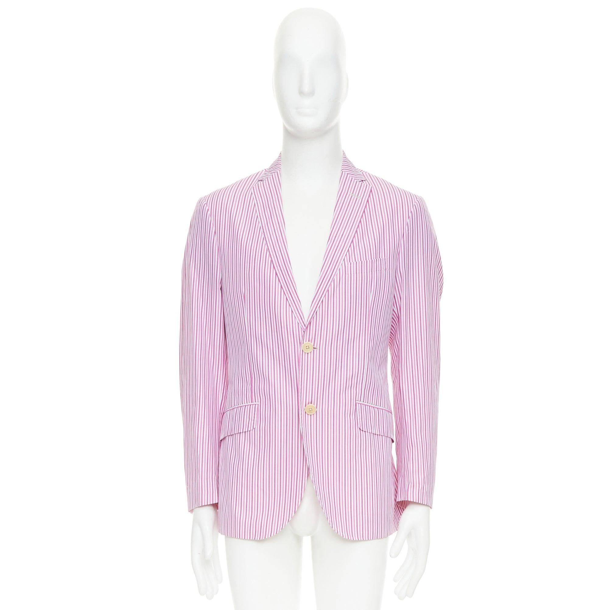 Etro rosa, bianco, cotone a righe, blazer monopetto con pinces IT52 XL in vendita 5
