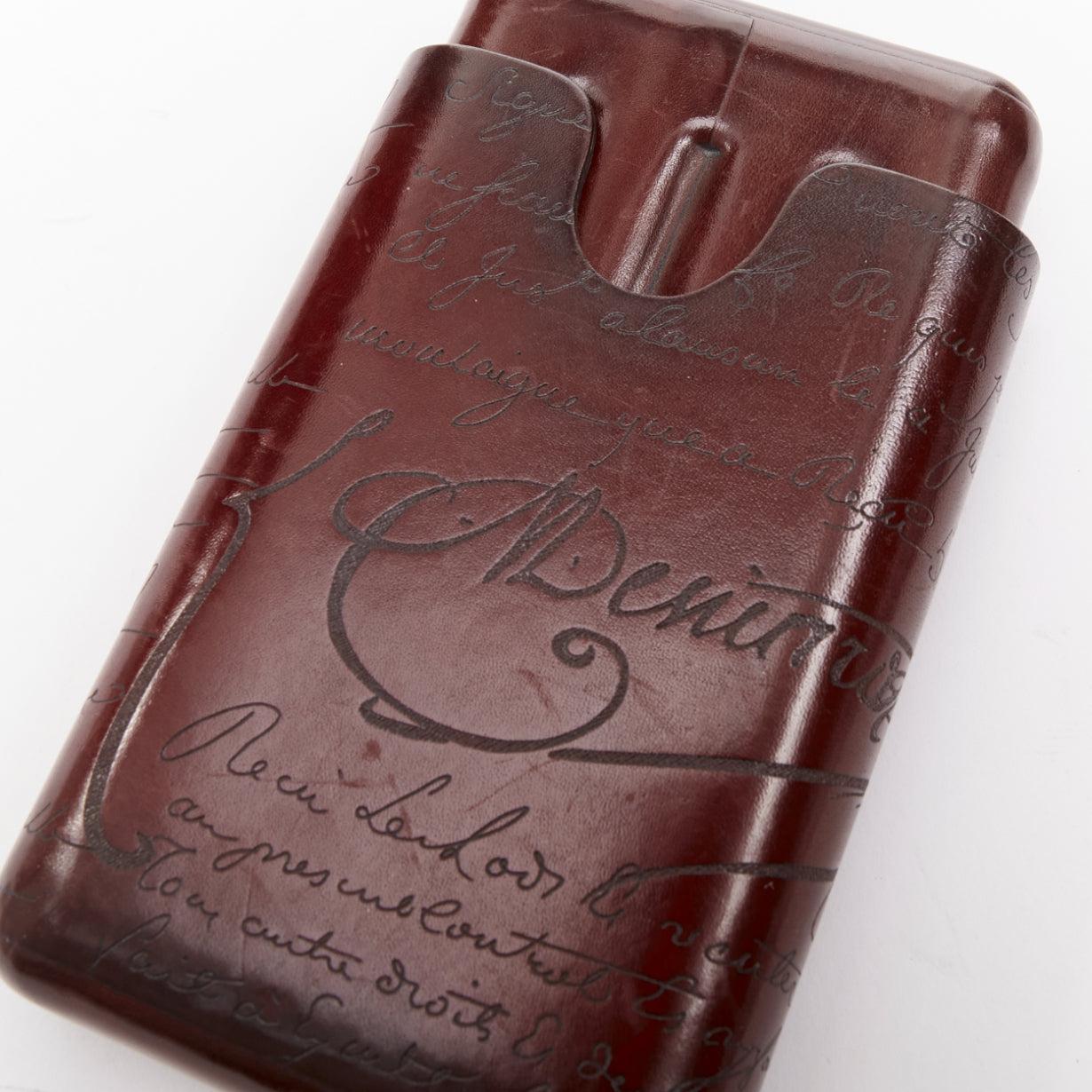 BERLUTI Etui 4 Scritto rot braun Kalligraphie Leder Zigarrenetui im Angebot 1