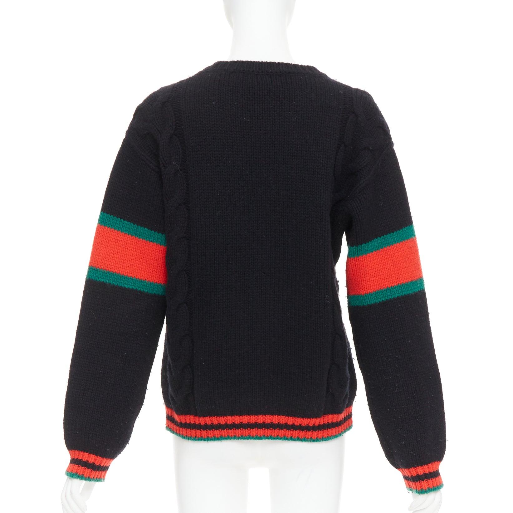 GUCCI 2021 pull-over à col ras du cou en laine noire rouge verte tressée XS Pour femmes en vente