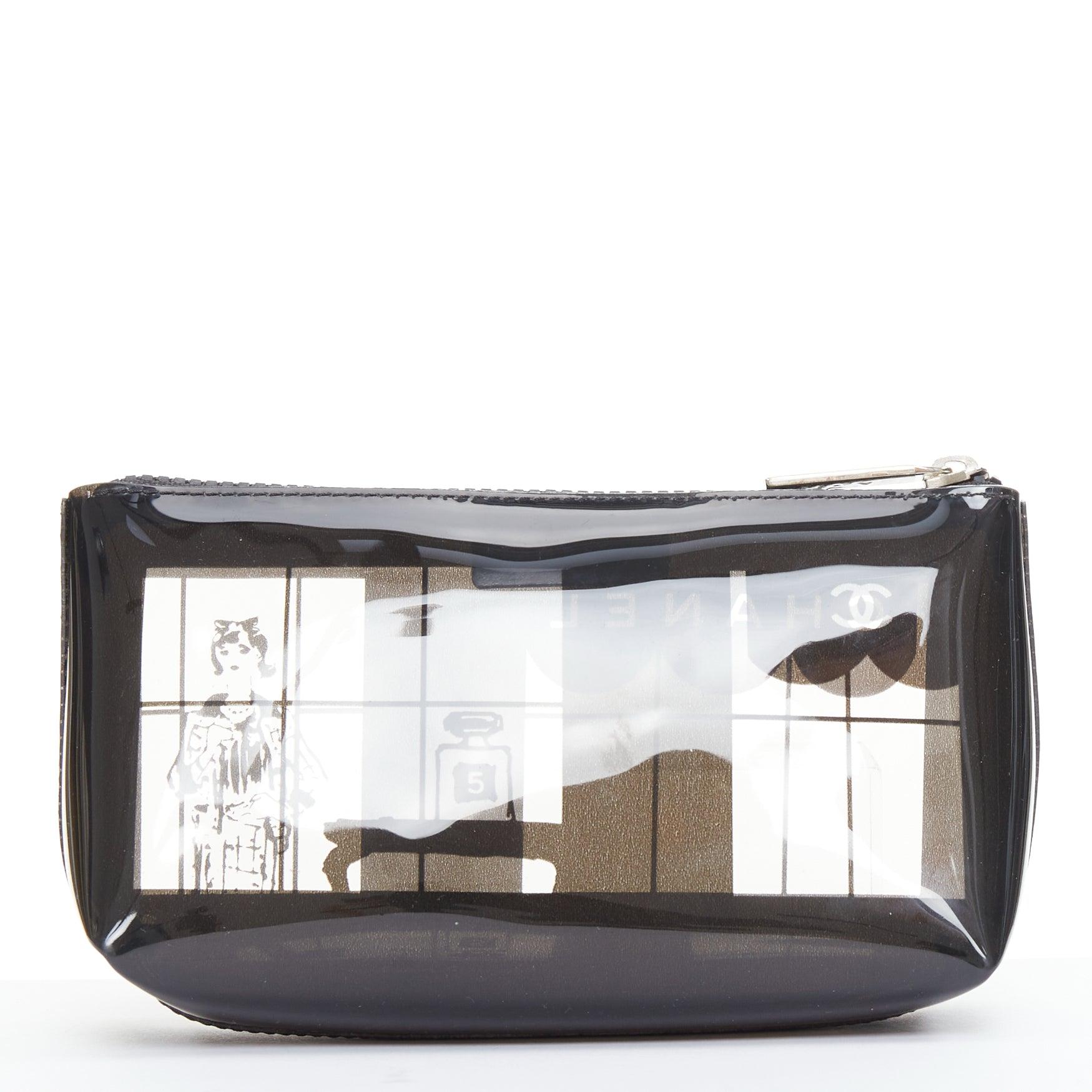Gris CHANEL 2003 Coco Window pochette cosmétique noire en PVC transparent avec fermeture éclair argentée en vente