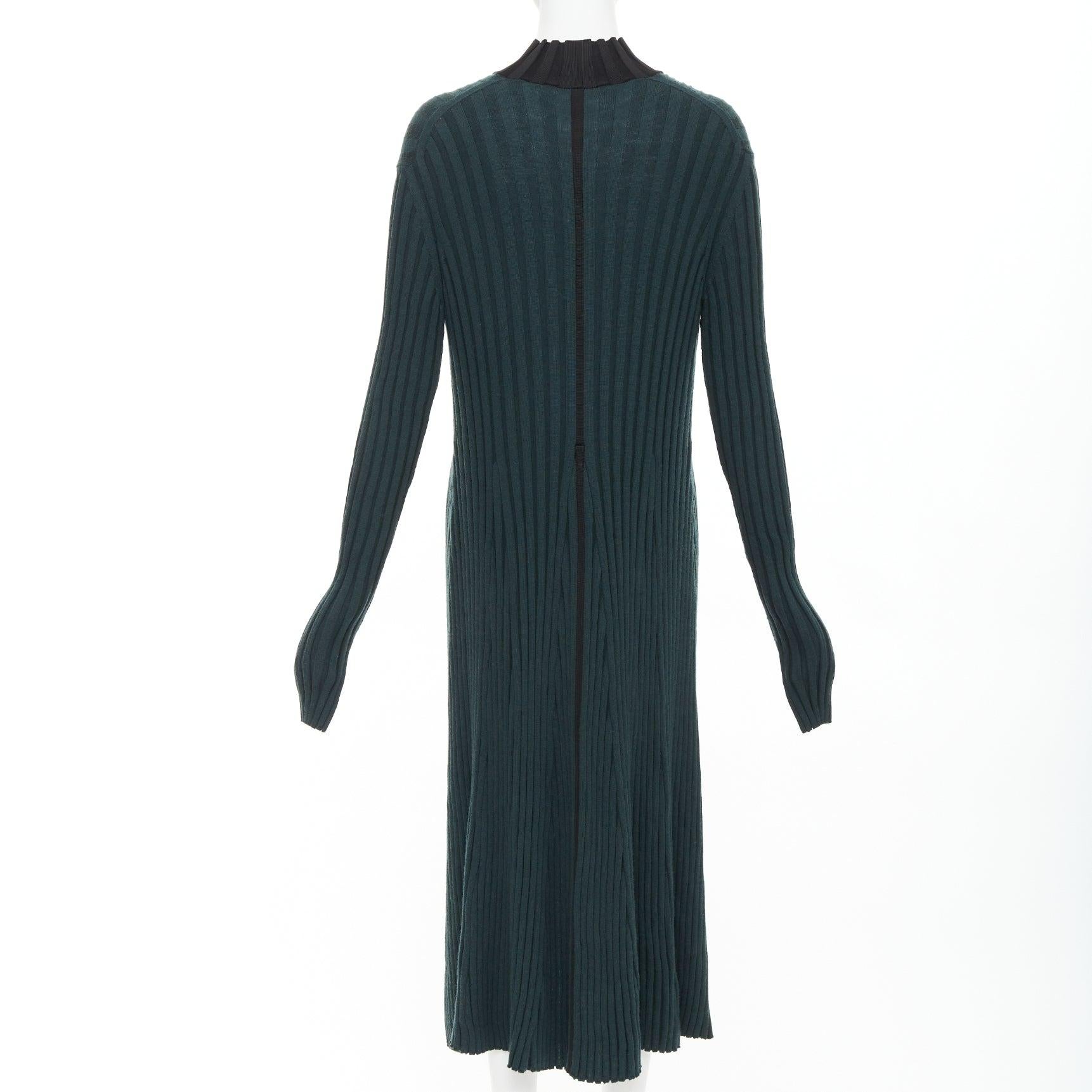 OLD CELINE Phoebe Philo 2014 dunkelgrünes Kleid aus Wolle mit geripptem Halsausschnitt S Damen im Angebot