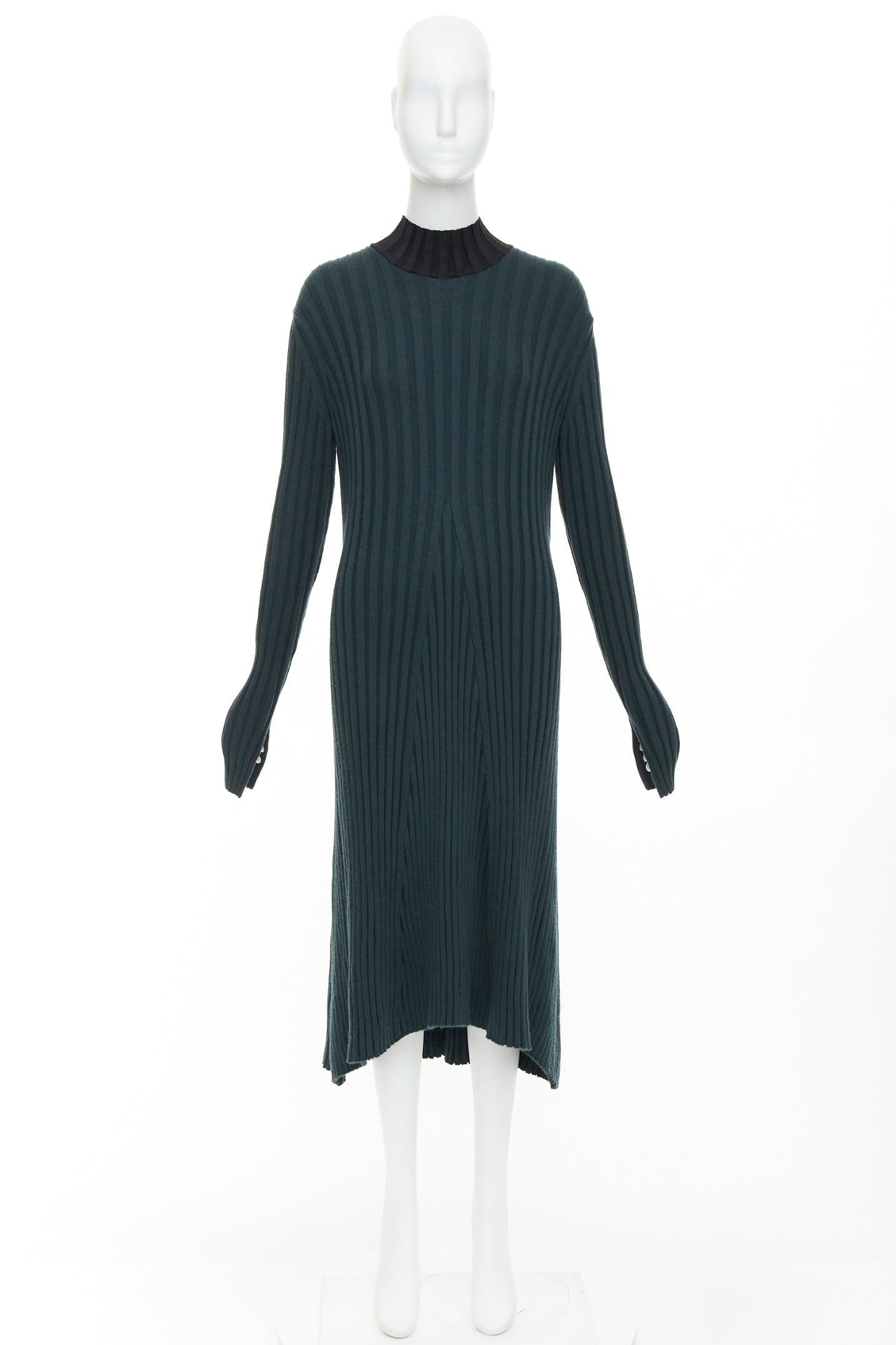 OLD CELINE Phoebe Philo 2014 dunkelgrünes Kleid aus Wolle mit geripptem Halsausschnitt S im Angebot 4