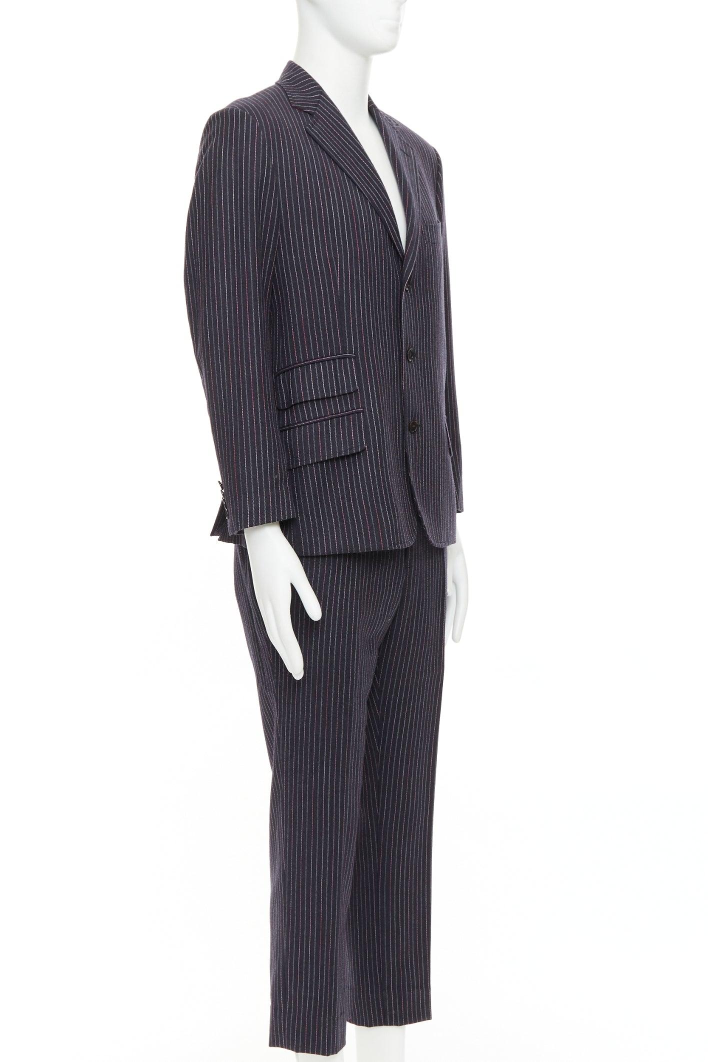 ETRO grau rosa Nadelstreifen Wolle Kaschmir einreihig Blazer Hose Set IT52 XL (Grau) im Angebot