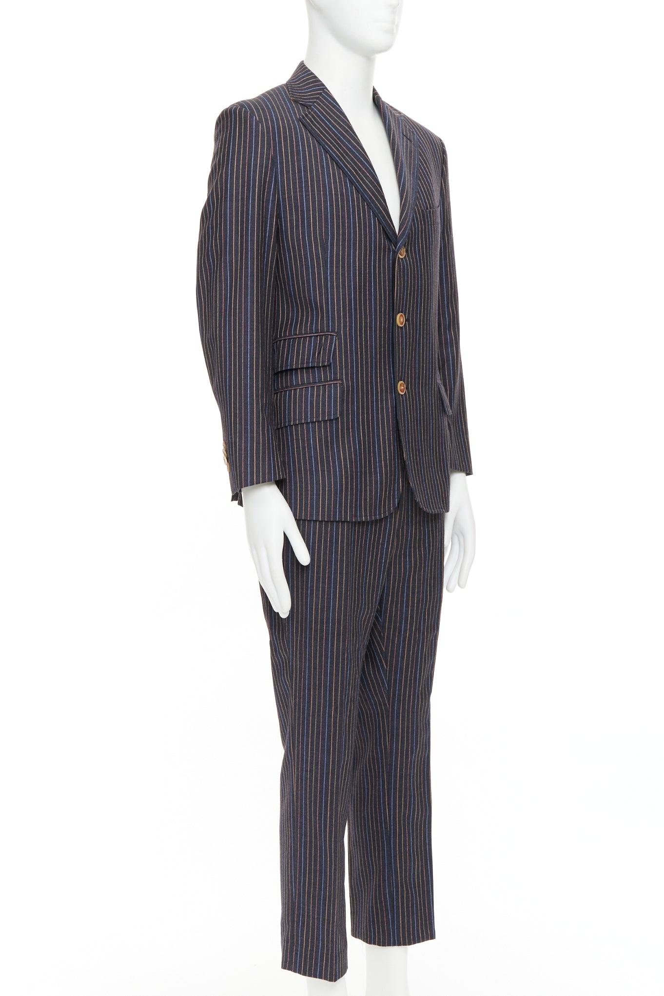 ETRO grau braun multi Nadelstreifen einreihig abgeschnitten Blazer Hose Set IT52 XL (Grau) im Angebot