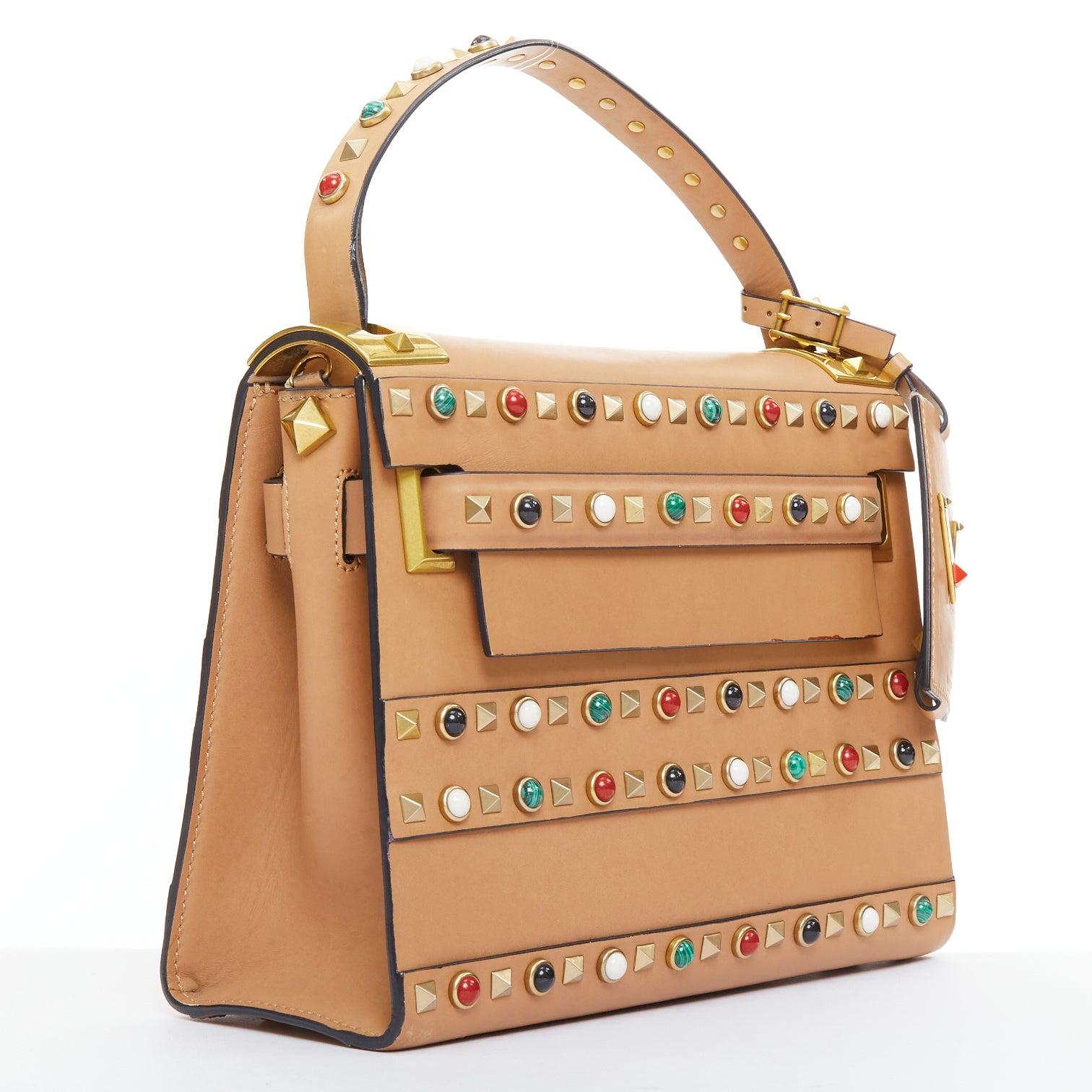 VALENTINO Rockstud Native Couture Kalbsleder Multi Stone Crossbody Satchenl Tasche (Beige) im Angebot