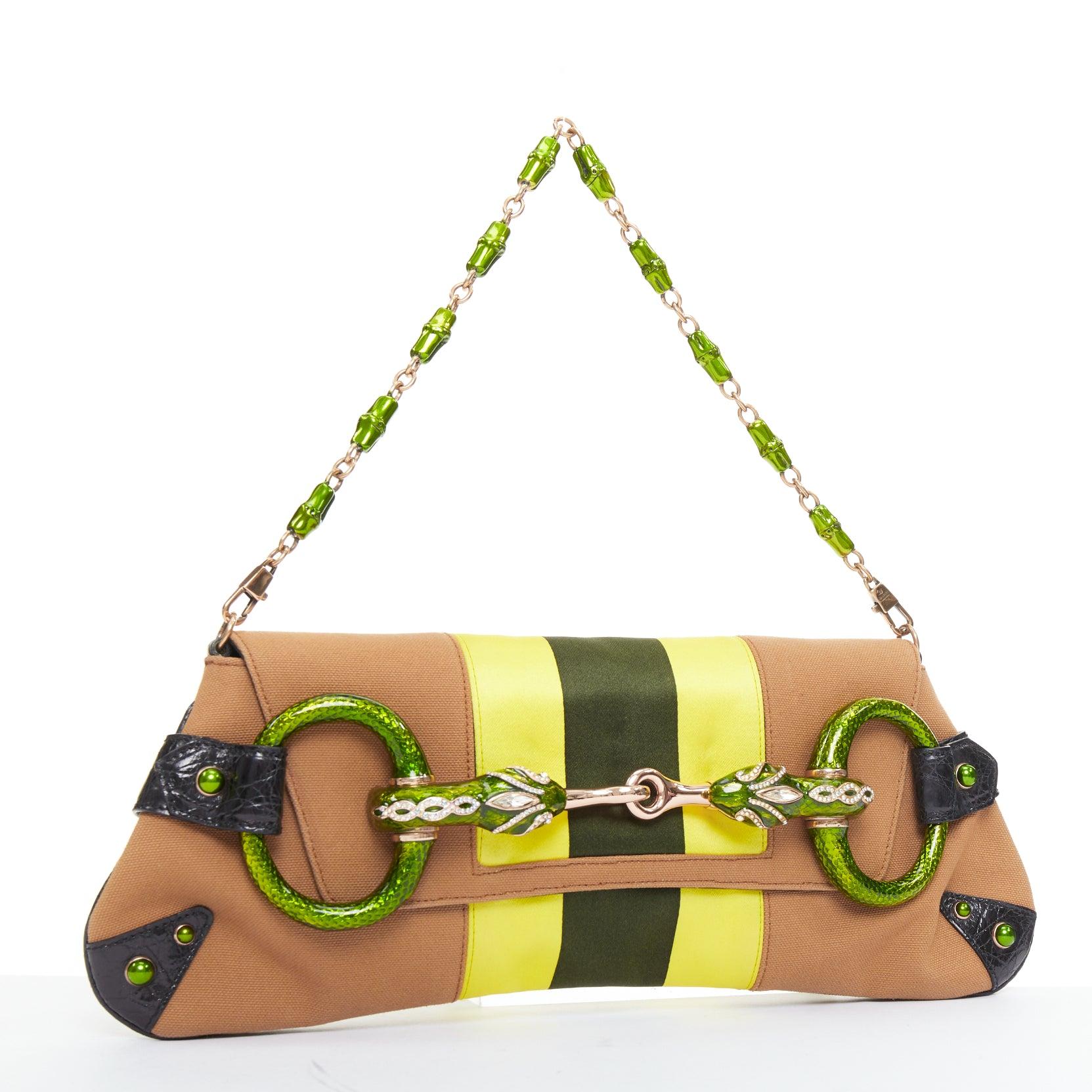 Marrone raro Tom Ford for Gucci 2004 Dragon Horsebit fibbia di cristallo borsa frizione in tela marrone in vendita