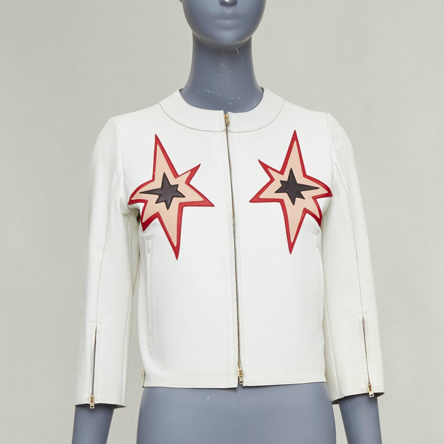 MIU MIU 2011 weißes Lammfell Leder roter Stern Patchwork crop moto Jacke IT40 S (Grau) im Angebot