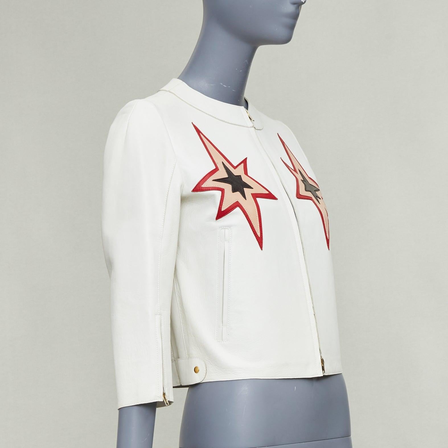 MIU MIU 2011 weißes Lammfell Leder roter Stern Patchwork crop moto Jacke IT40 S im Zustand „Gut“ im Angebot in Hong Kong, NT