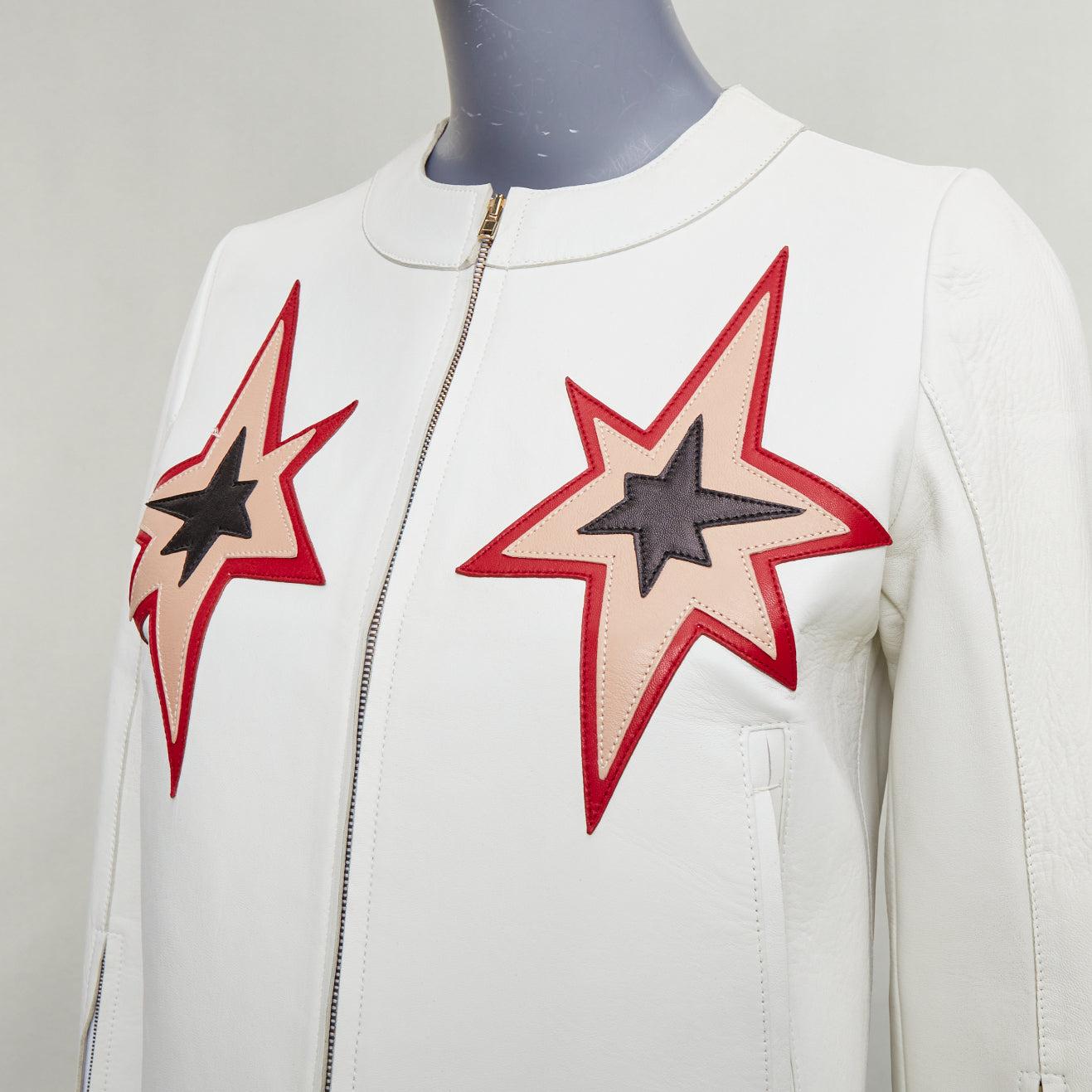MIU MIU 2011 weißes Lammfell Leder roter Stern Patchwork crop moto Jacke IT40 S im Angebot 3
