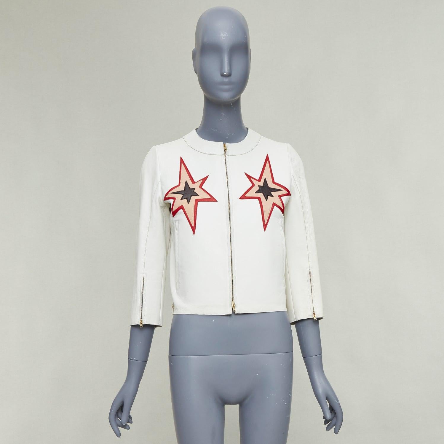 MIU MIU 2011 weißes Lammfell Leder roter Stern Patchwork crop moto Jacke IT40 S im Angebot 5