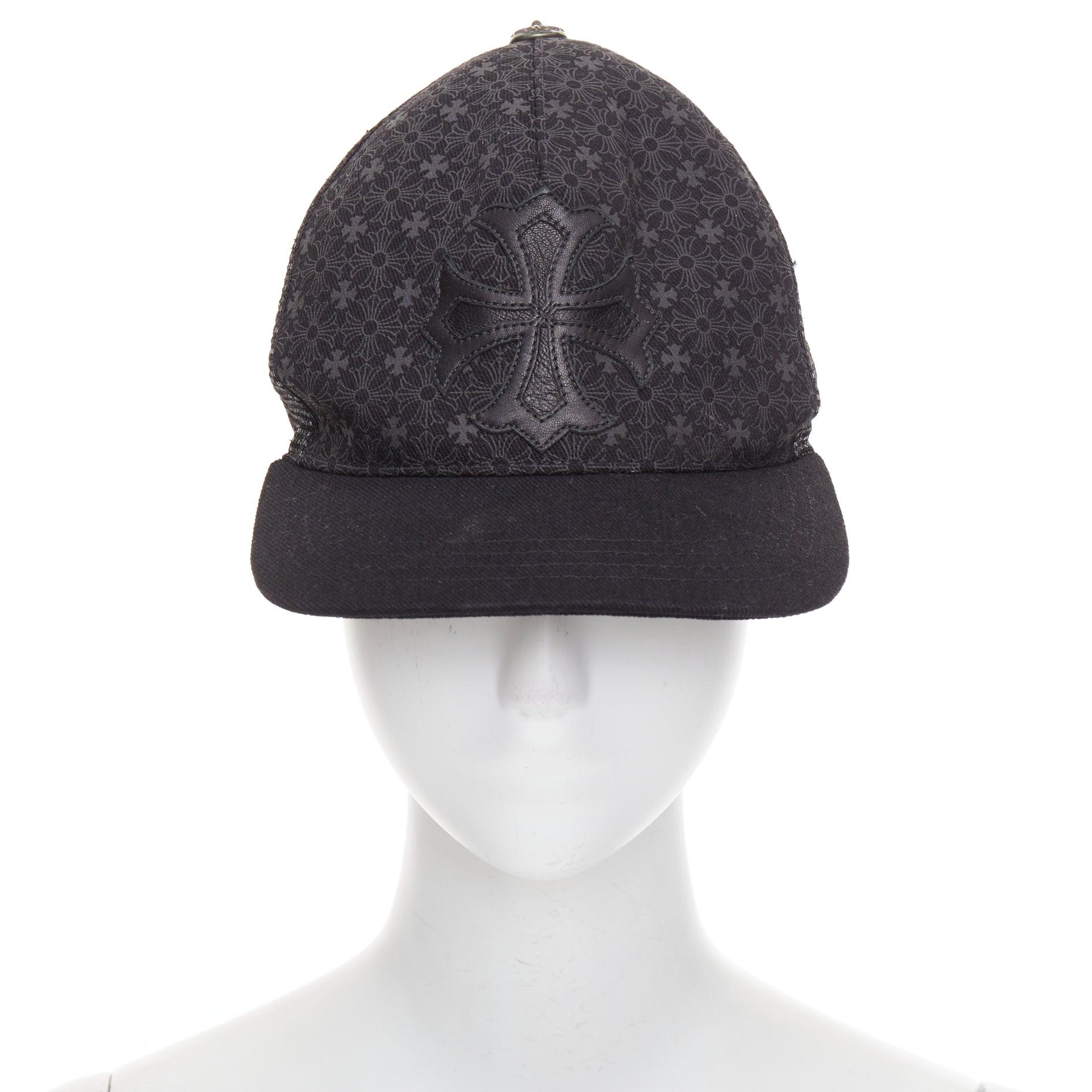 Nero Chrome Hearts cappellino trucker in pelle d'agnello nera con patch croce cimiteriale 53-60cm in vendita
