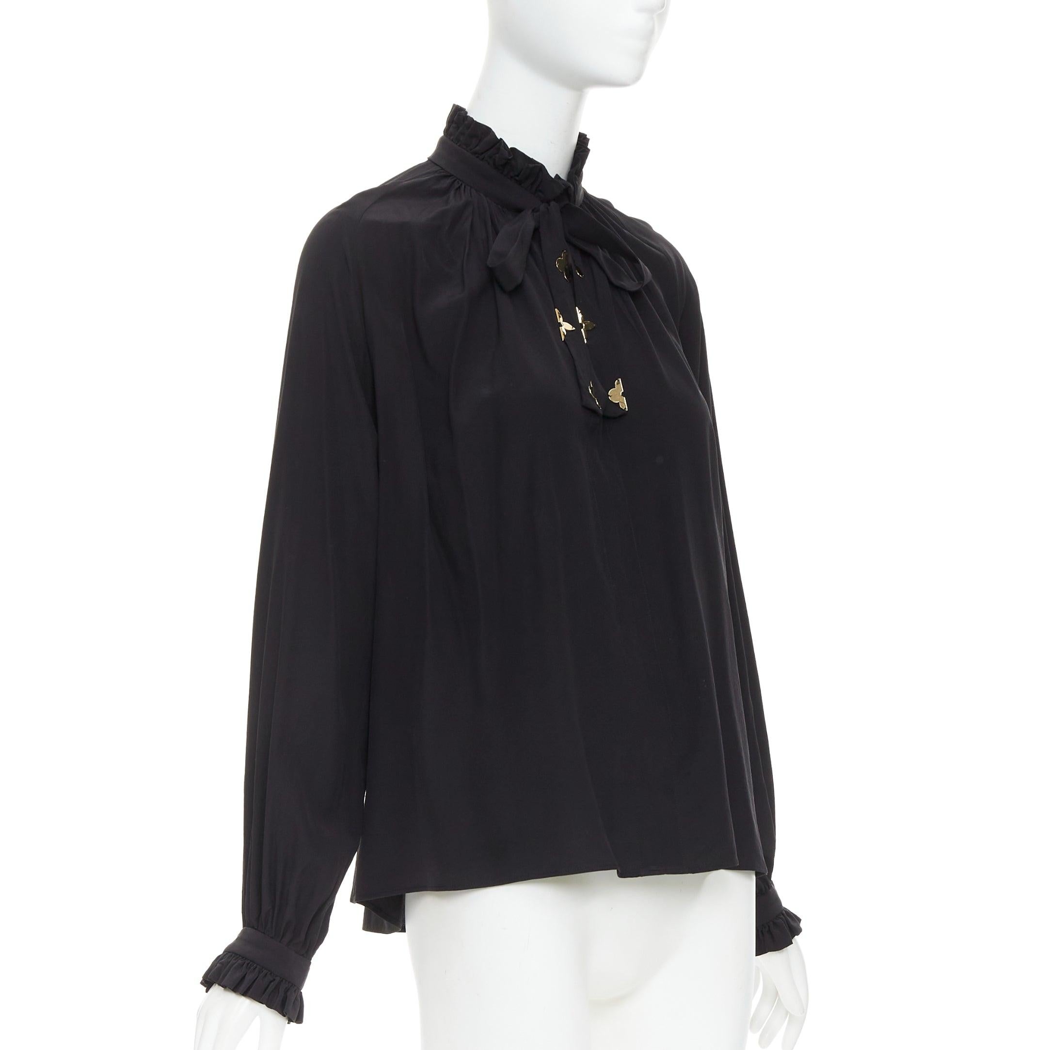 Noir LOUIS VUITTON  100% soie noir motif fleuri doré blouse à minuit top FR36 S en vente