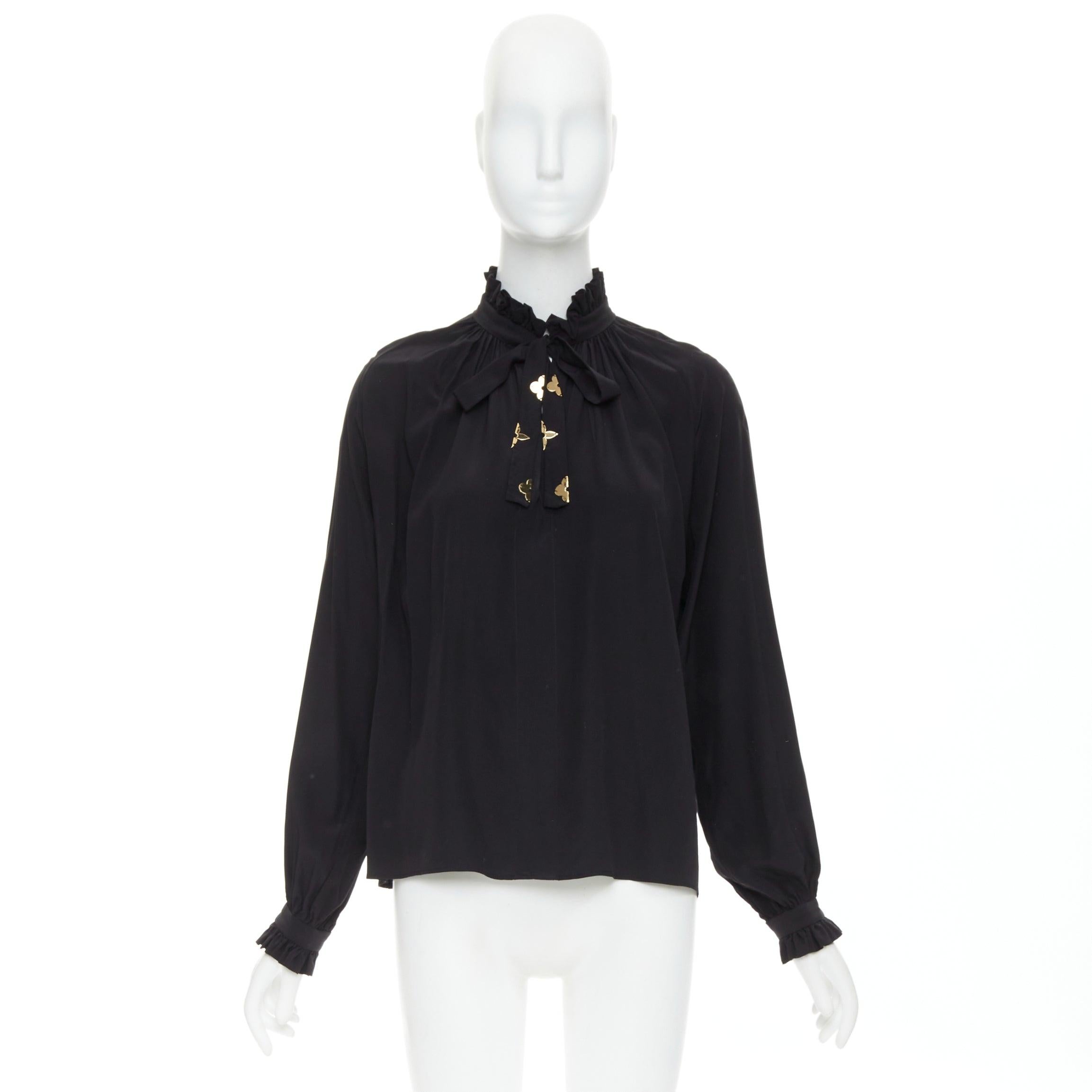 LOUIS VUITTON  100% soie noir motif fleuri doré blouse à minuit top FR36 S en vente 4