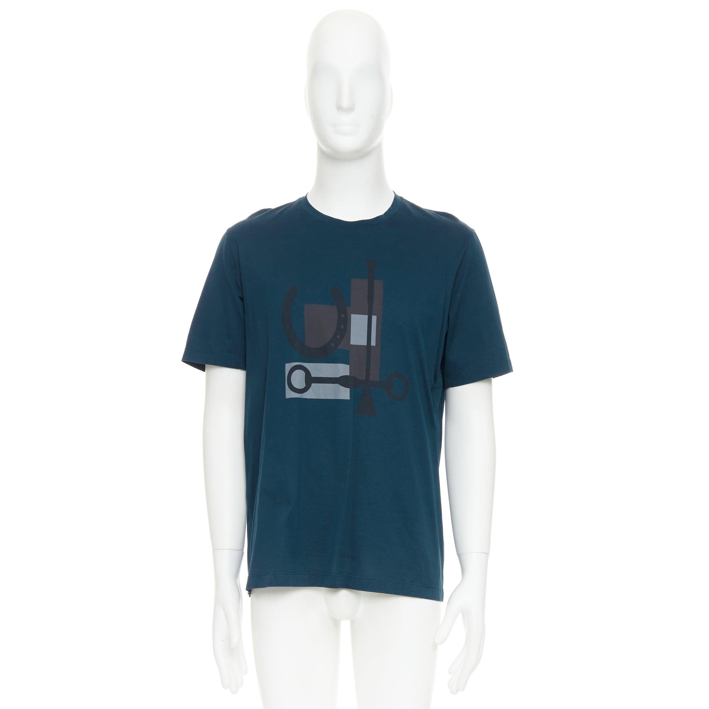 HERMES - Tshirt girocollo in cotone con stampa di un cavallo blu scuro in vendita 4