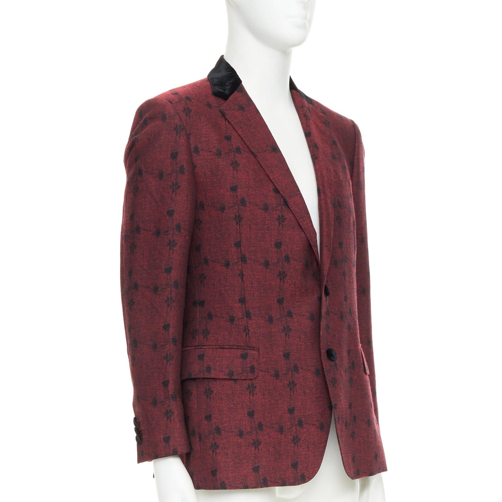 Noir ETRO blazer fleuri à simple boutonnage en laine et soie, bordé de velours rouge IT52 XL en vente