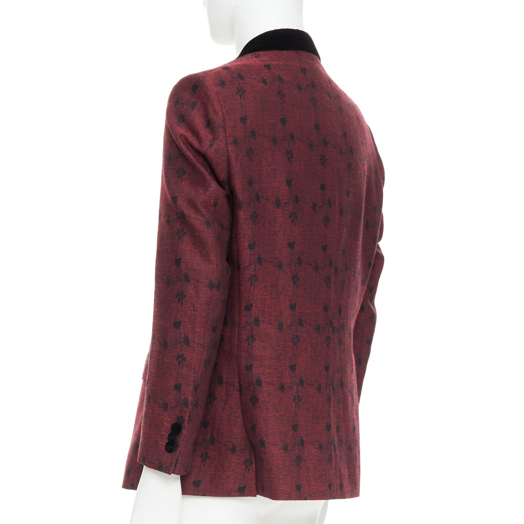 ETRO blazer fleuri à simple boutonnage en laine et soie, bordé de velours rouge IT52 XL en vente 1