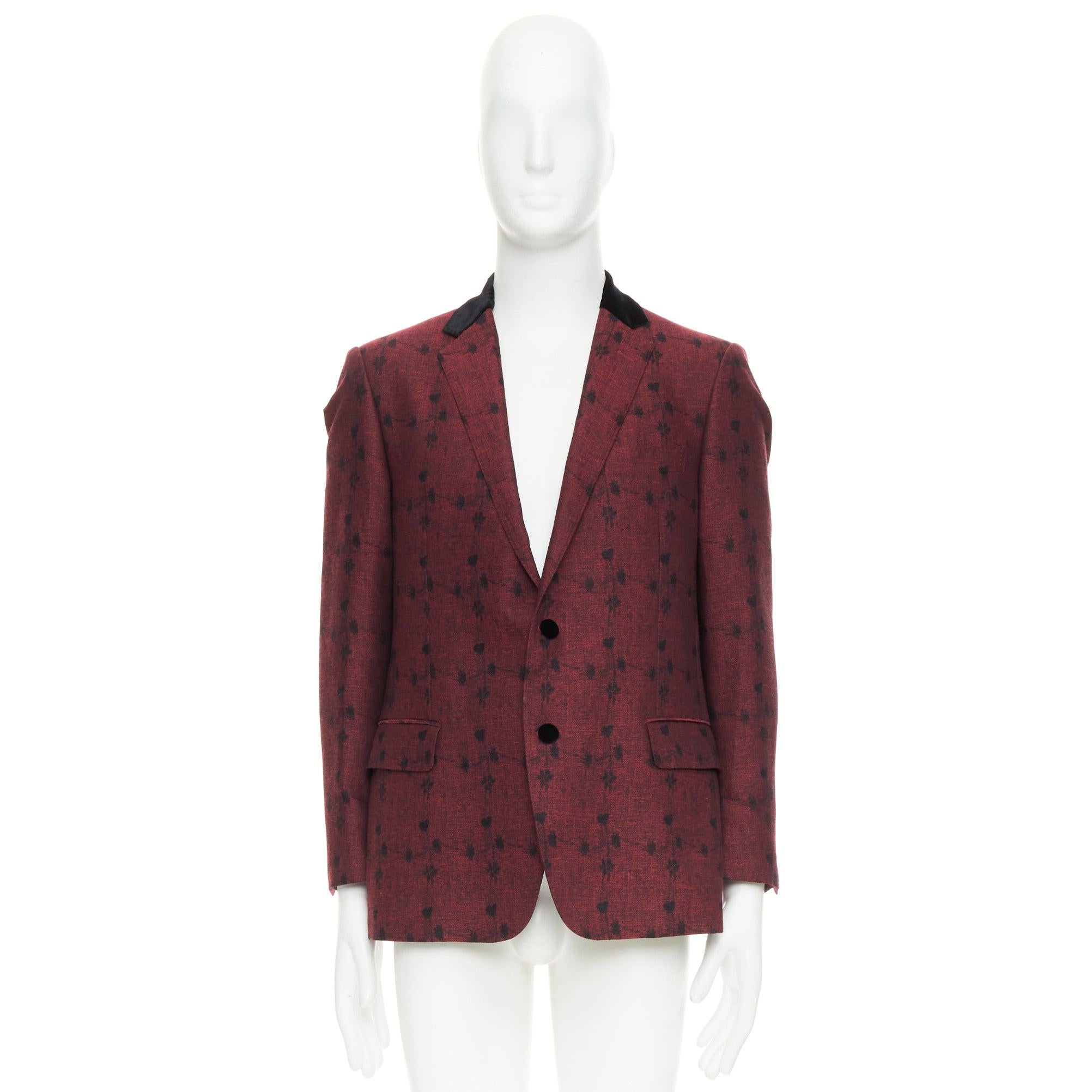 ETRO blazer fleuri à simple boutonnage en laine et soie, bordé de velours rouge IT52 XL en vente 4