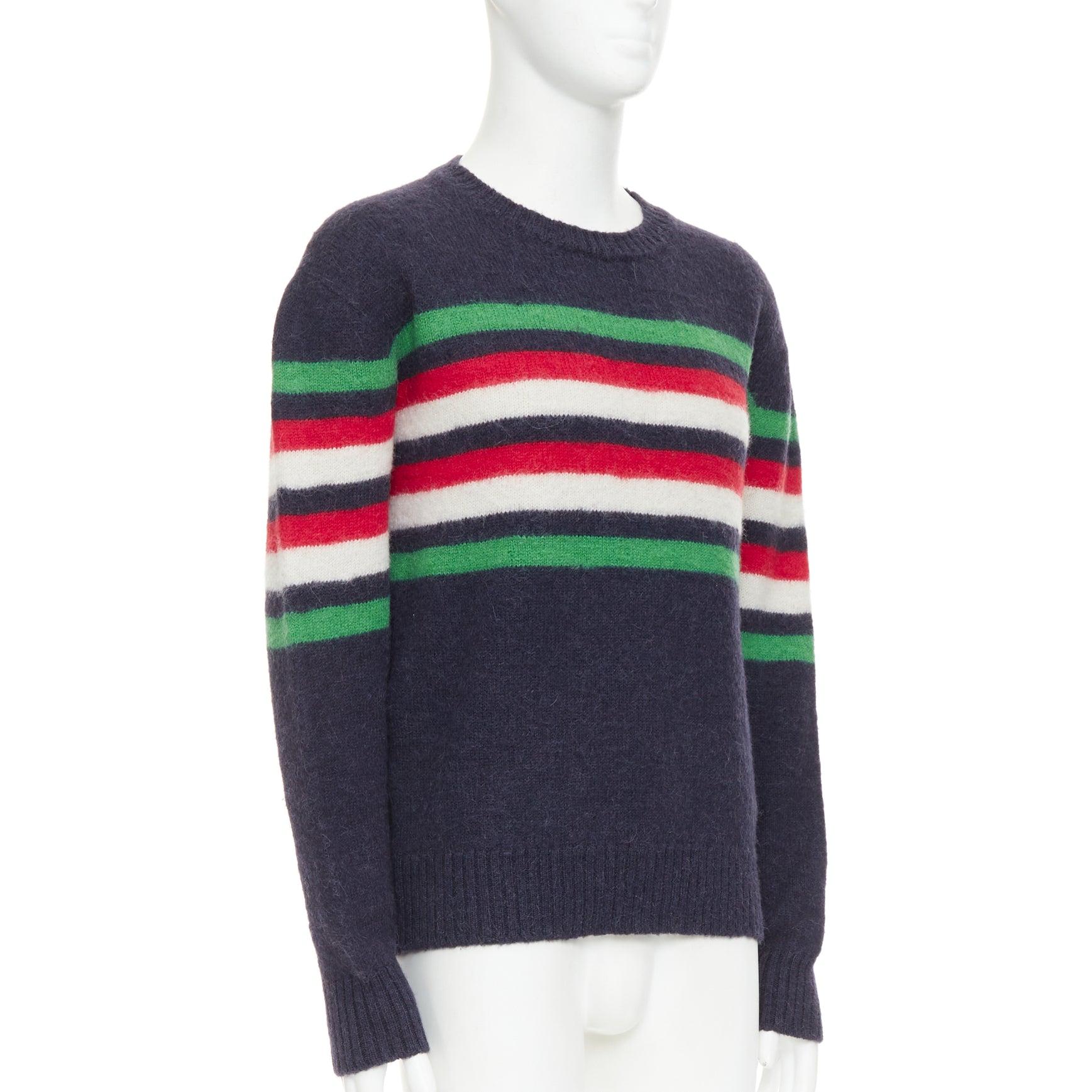 GUCCI navy grün rot gestreifter Pullover mit gesticktem Logo (Schwarz) im Angebot