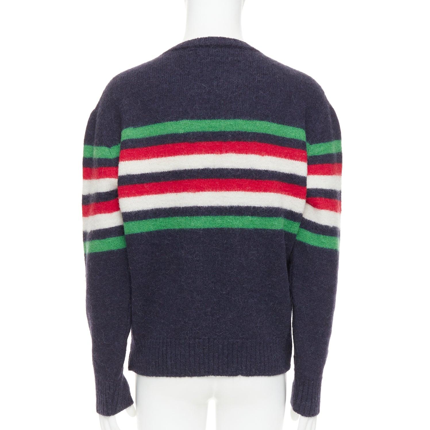 GUCCI navy grün rot gestreifter Pullover mit gesticktem Logo Herren im Angebot