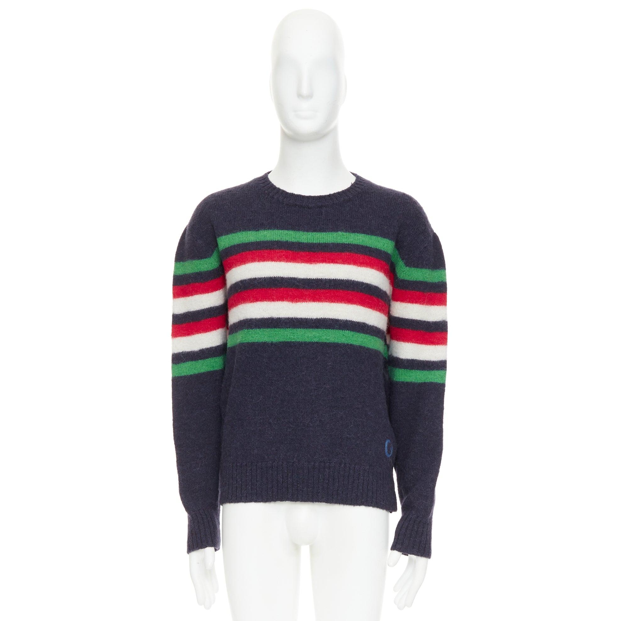 GUCCI navy grün rot gestreifter Pullover mit gesticktem Logo im Angebot 4