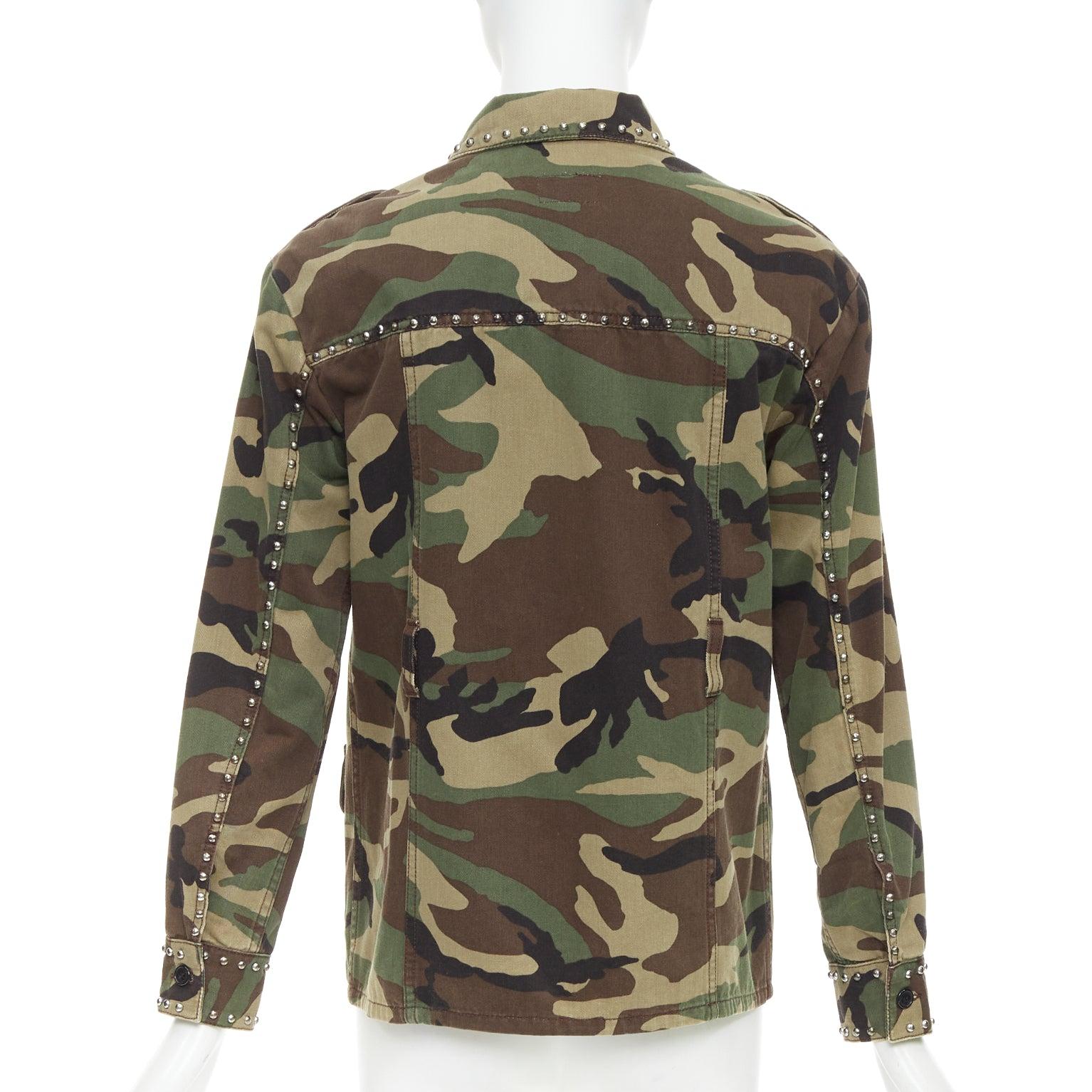 SAINT LAURENT 2015 Greene & Greene & Greene, giacca militare in cotone con borchie XS in vendita 1