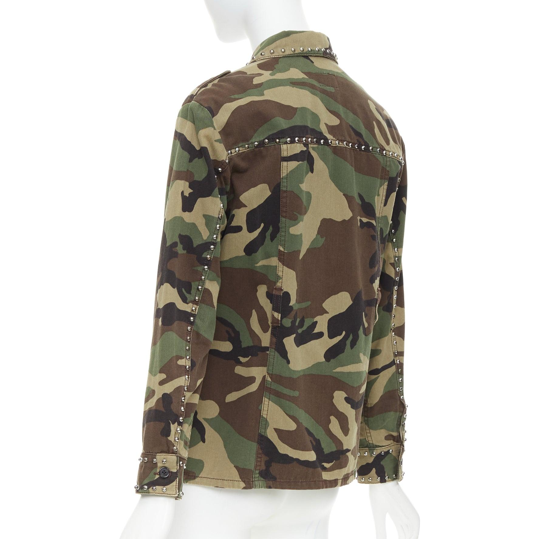SAINT LAURENT 2015 Greene & Greene & Greene, giacca militare in cotone con borchie XS in vendita 2