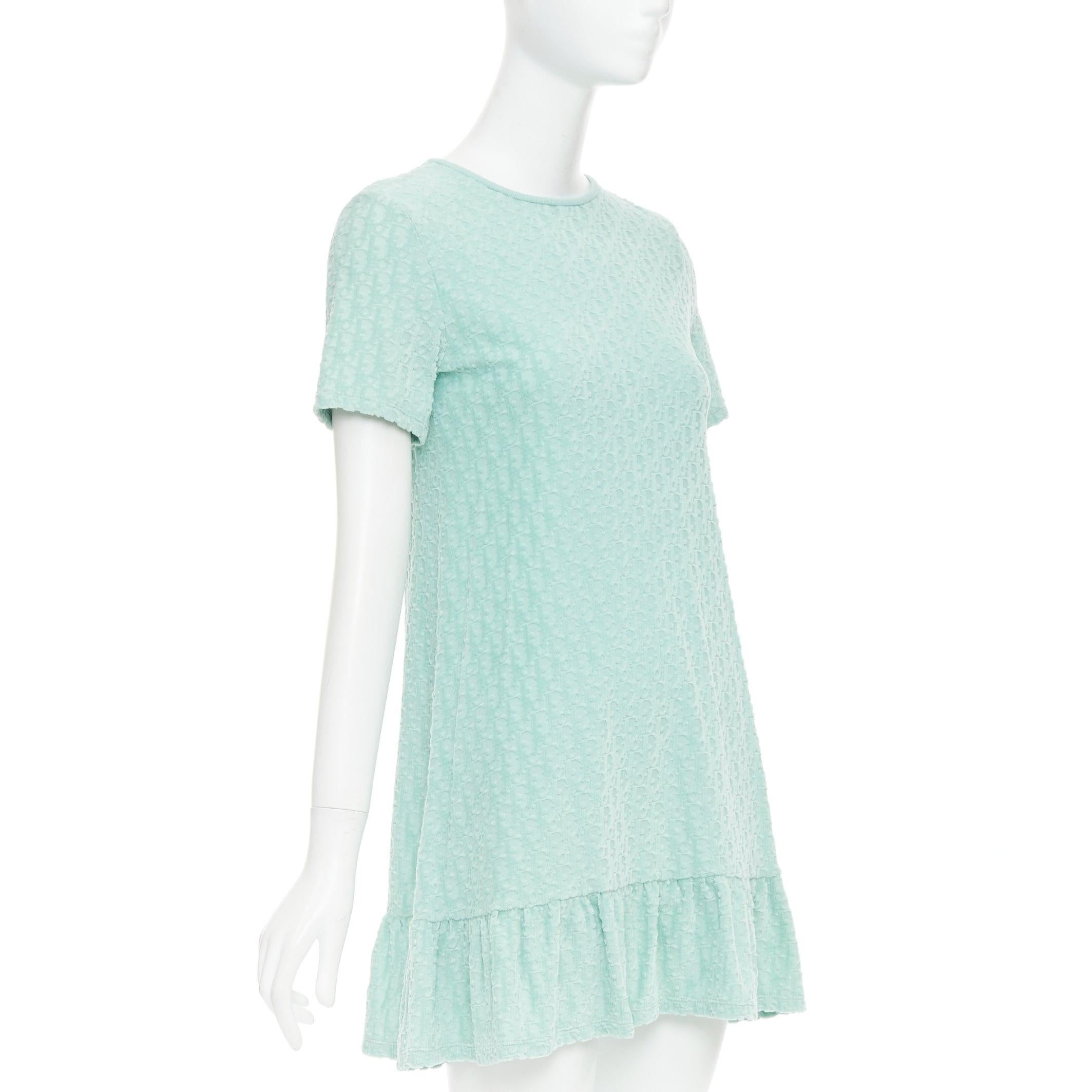 Bleu Mini robe à volants en velours de coton monogramme turquoise CHRISTIAN DIOR KIDS Yr12 en vente