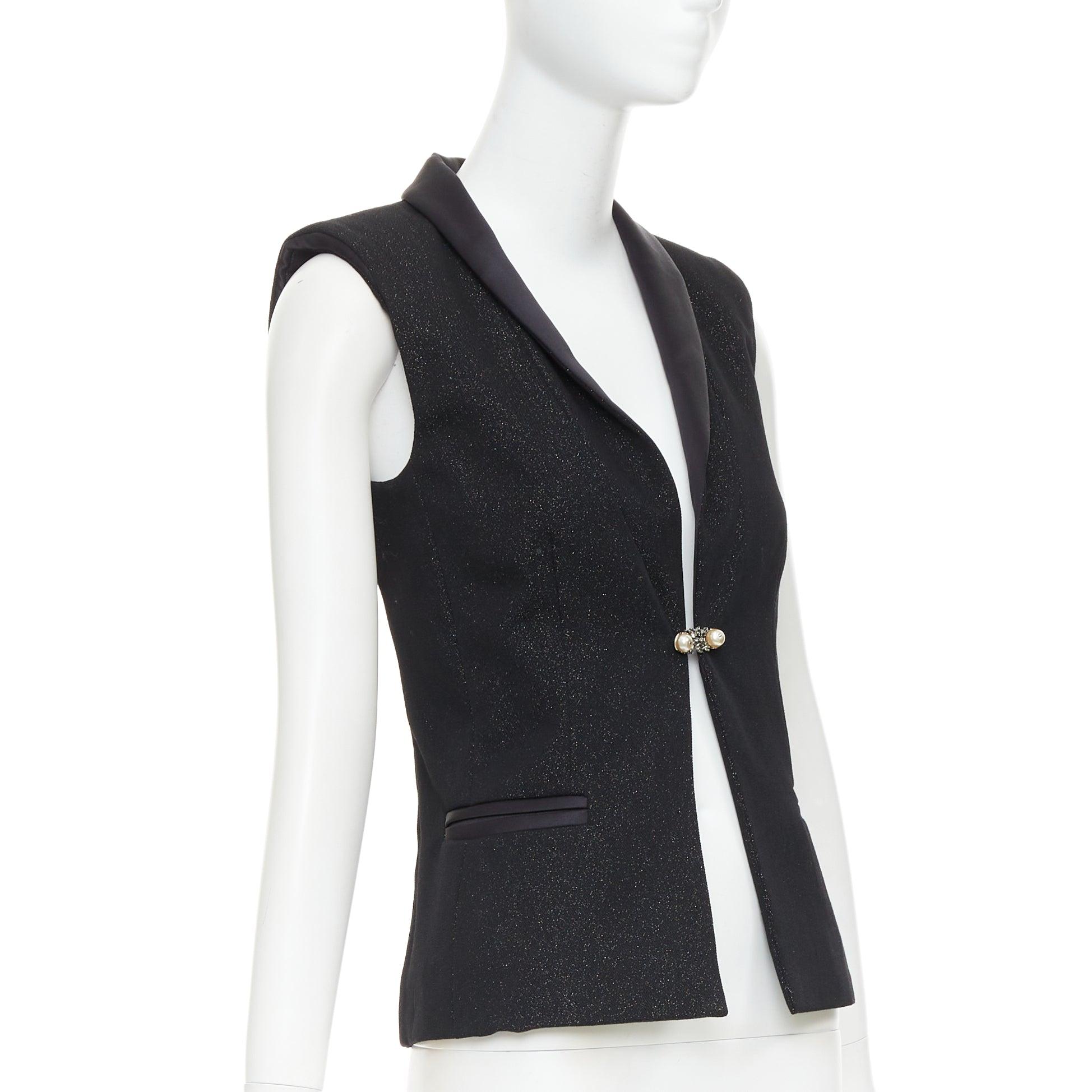 CHANEL Wollmischung Lurex Perlenkristall Knopf Satin Schalkragen Weste Jacke FR36 (Schwarz) im Angebot