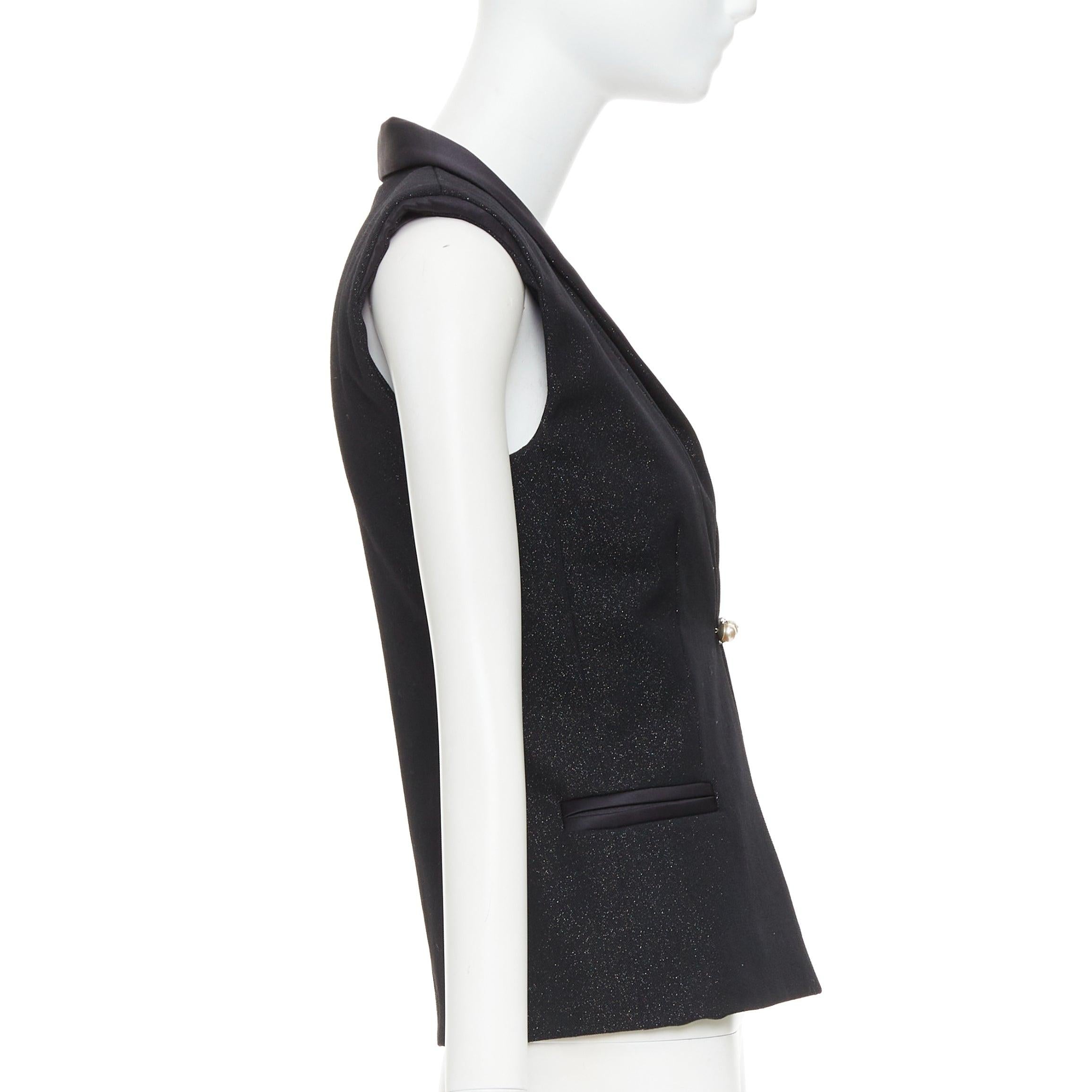 CHANEL Wollmischung Lurex Perlenkristall Knopf Satin Schalkragen Weste Jacke FR36 im Zustand „Hervorragend“ im Angebot in Hong Kong, NT
