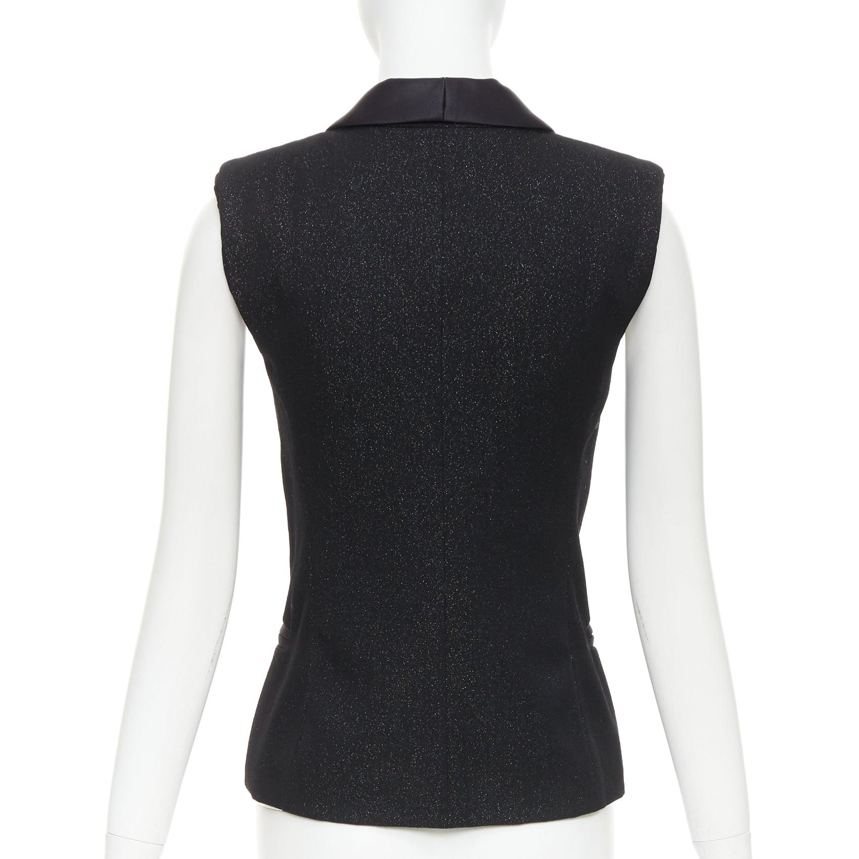 CHANEL Wollmischung Lurex Perlenkristall Knopf Satin Schalkragen Weste Jacke FR36 Damen im Angebot