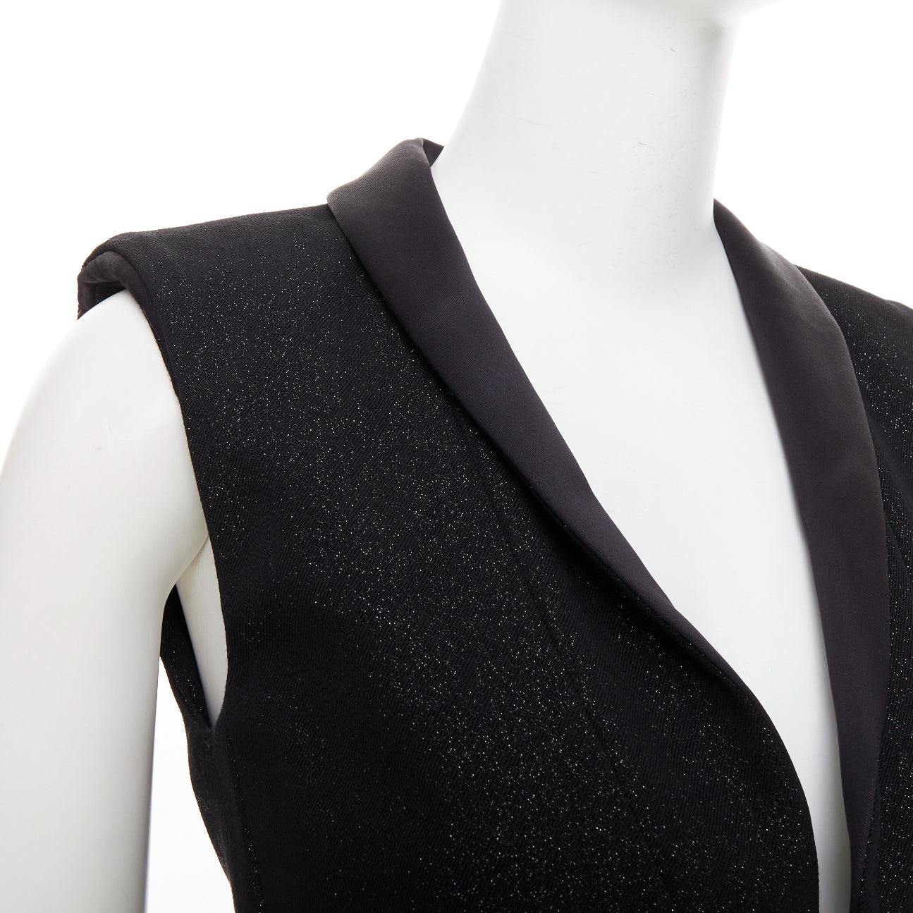 CHANEL Wollmischung Lurex Perlenkristall Knopf Satin Schalkragen Weste Jacke FR36 im Angebot 2