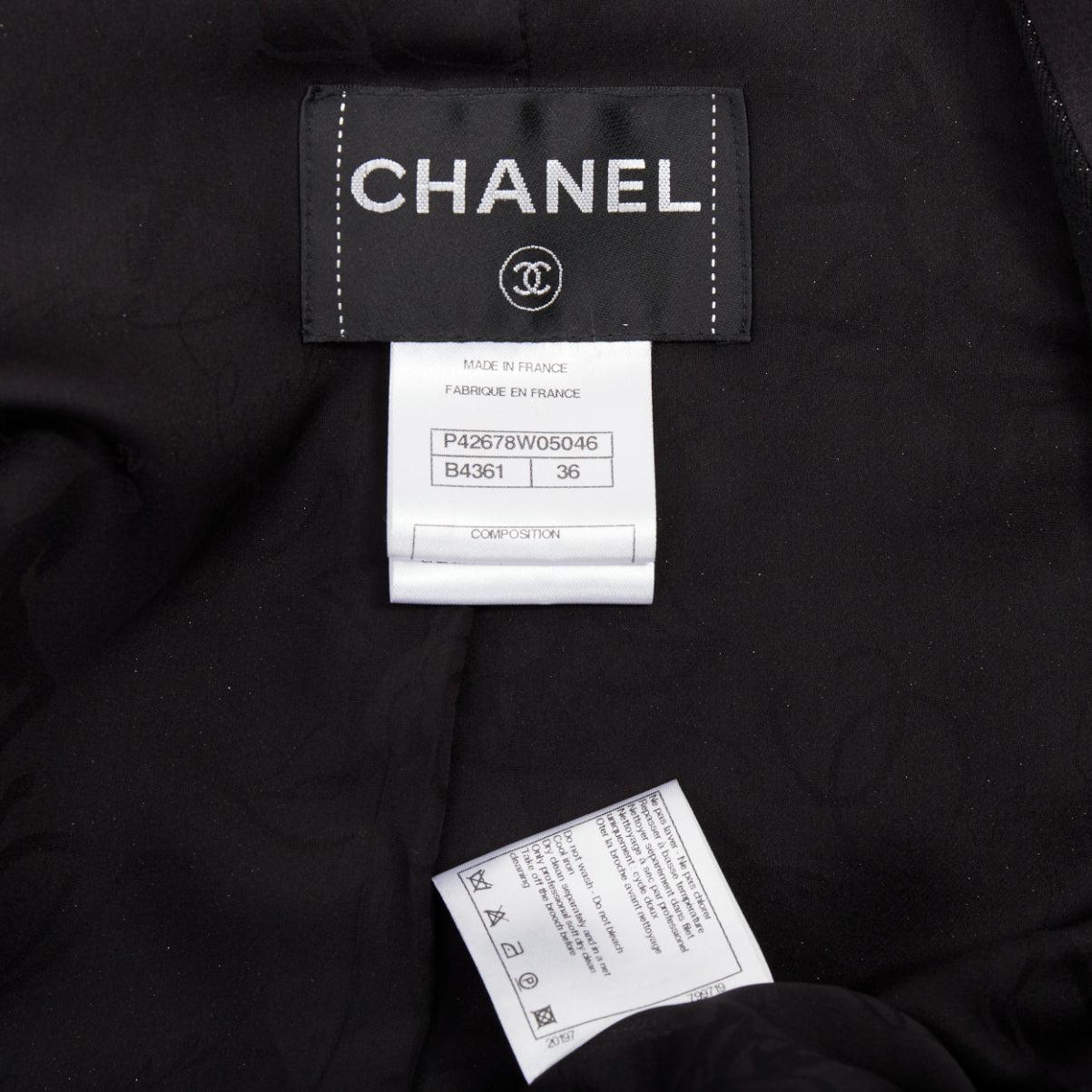 CHANEL Wollmischung Lurex Perlenkristall Knopf Satin Schalkragen Weste Jacke FR36 im Angebot 3
