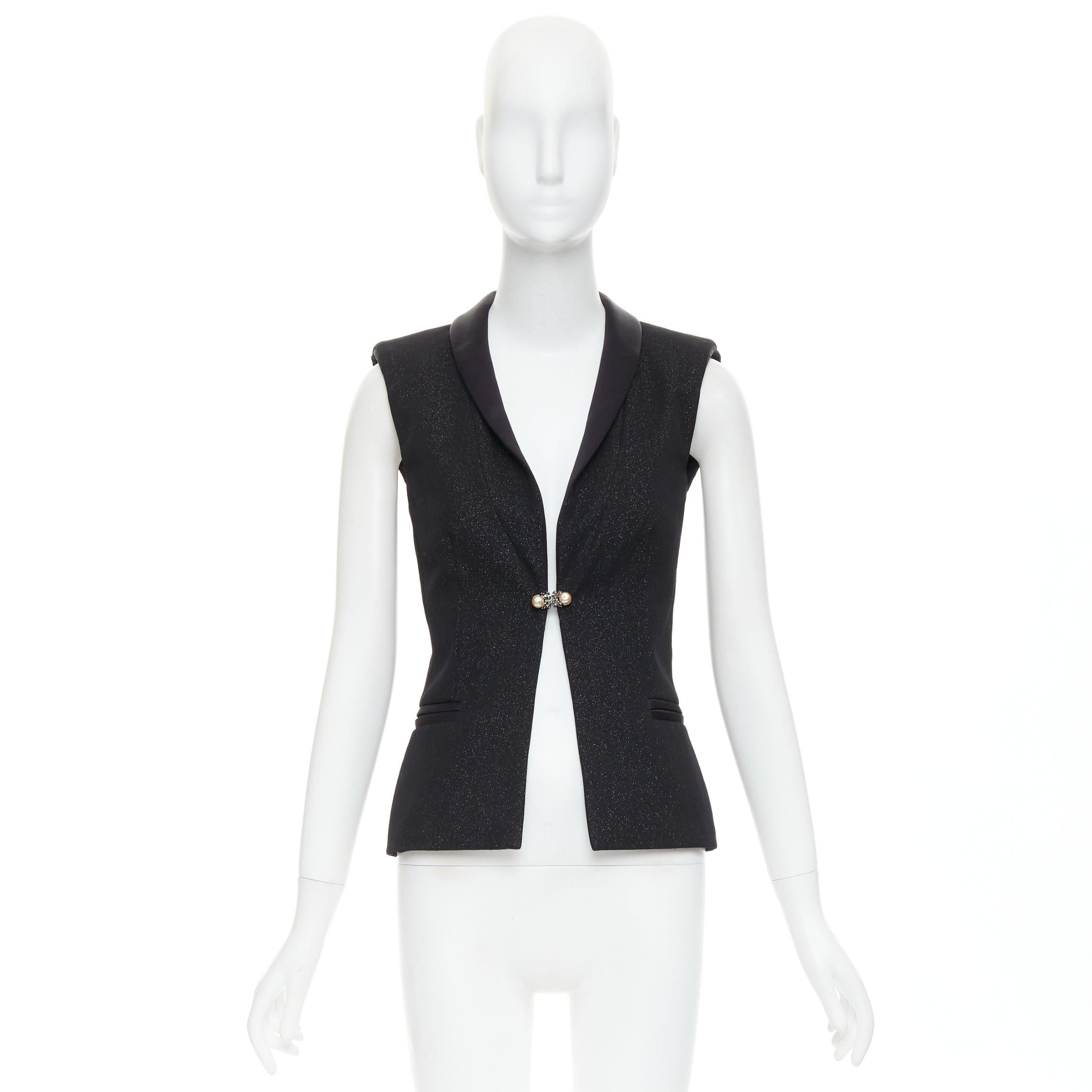 CHANEL Wollmischung Lurex Perlenkristall Knopf Satin Schalkragen Weste Jacke FR36 im Angebot 4