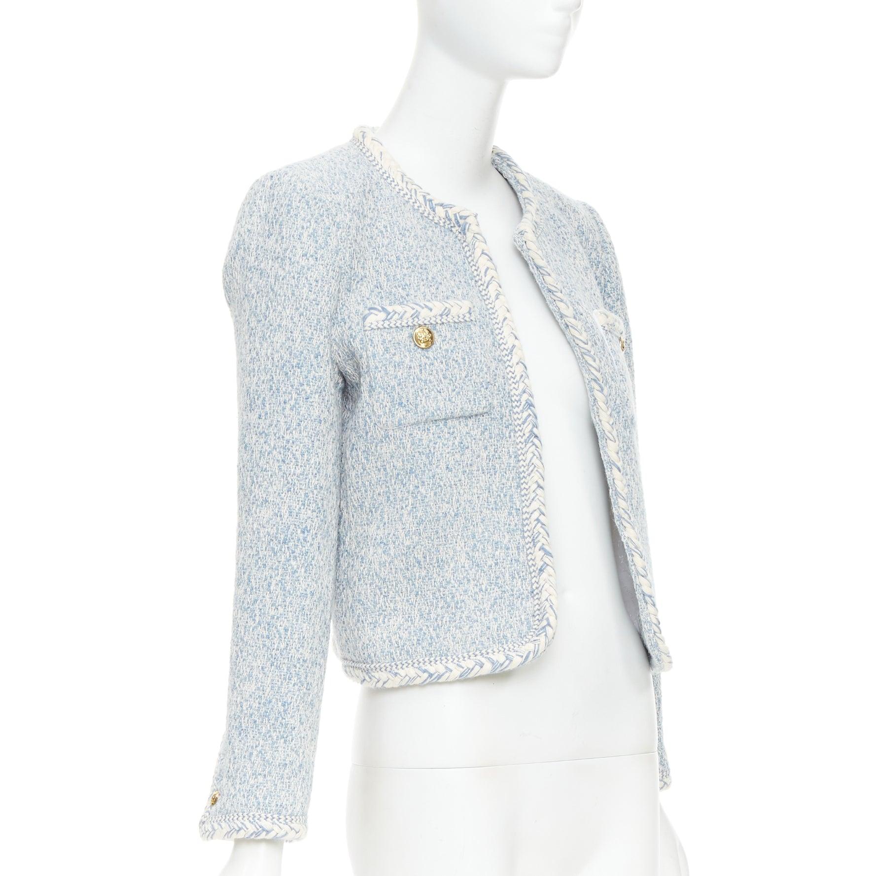 CELINE 2023 Chaqueta con ribete de tweed de algodón boucle azul bebé blanco FR36 S Gris en venta