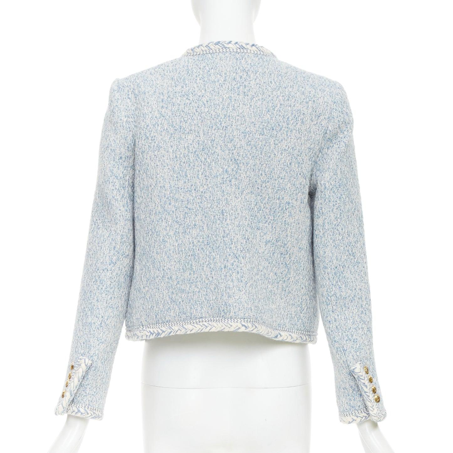 De las mujeres CELINE 2023 Chaqueta con ribete de tweed de algodón boucle azul bebé blanco FR36 S en venta