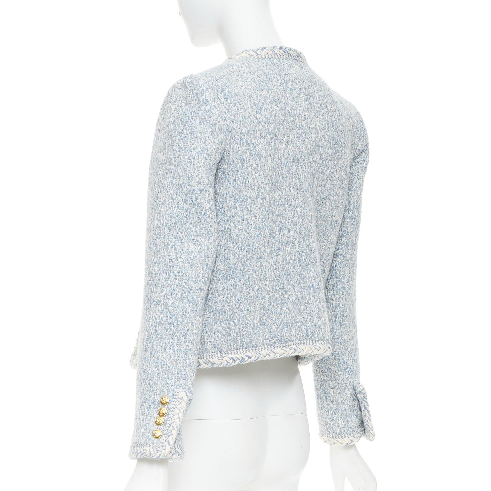 CELINE 2023 Chaqueta con ribete de tweed de algodón boucle azul bebé blanco FR36 S en venta 1