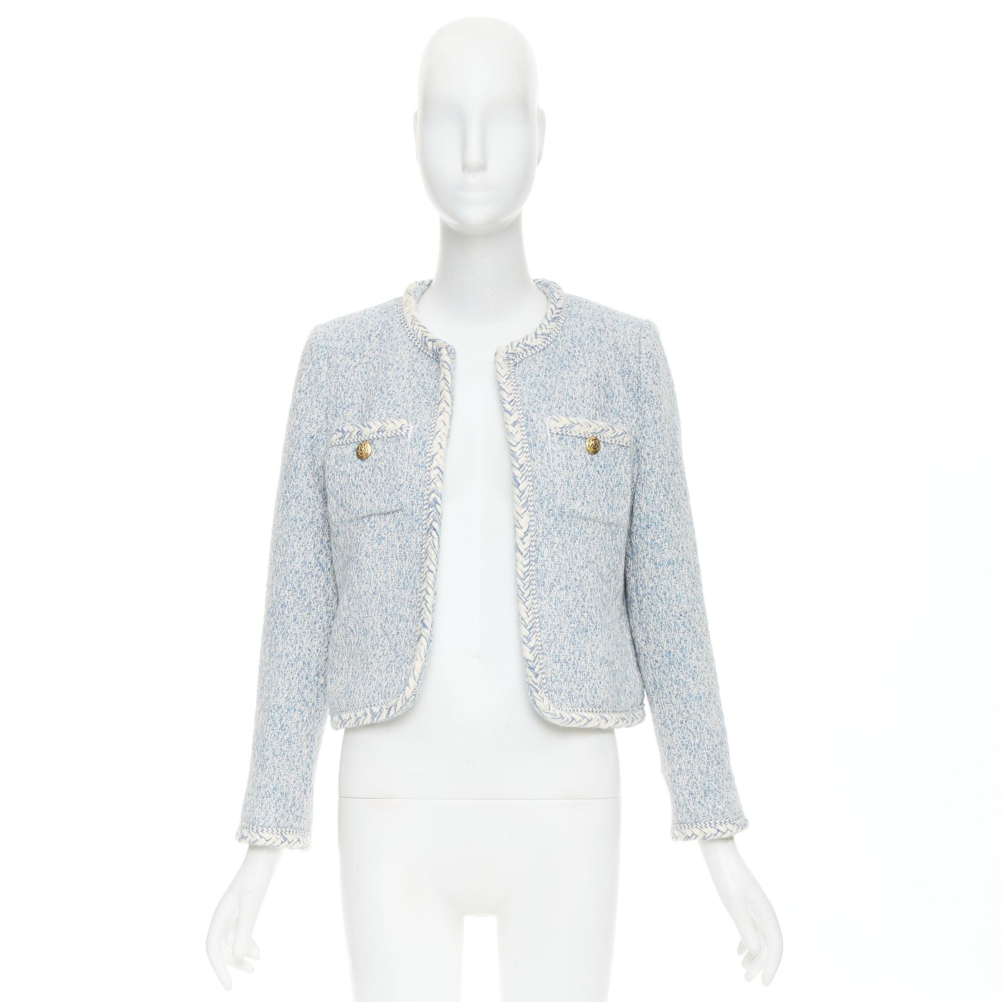 CELINE 2023 Chaqueta con ribete de tweed de algodón boucle azul bebé blanco FR36 S en venta 4