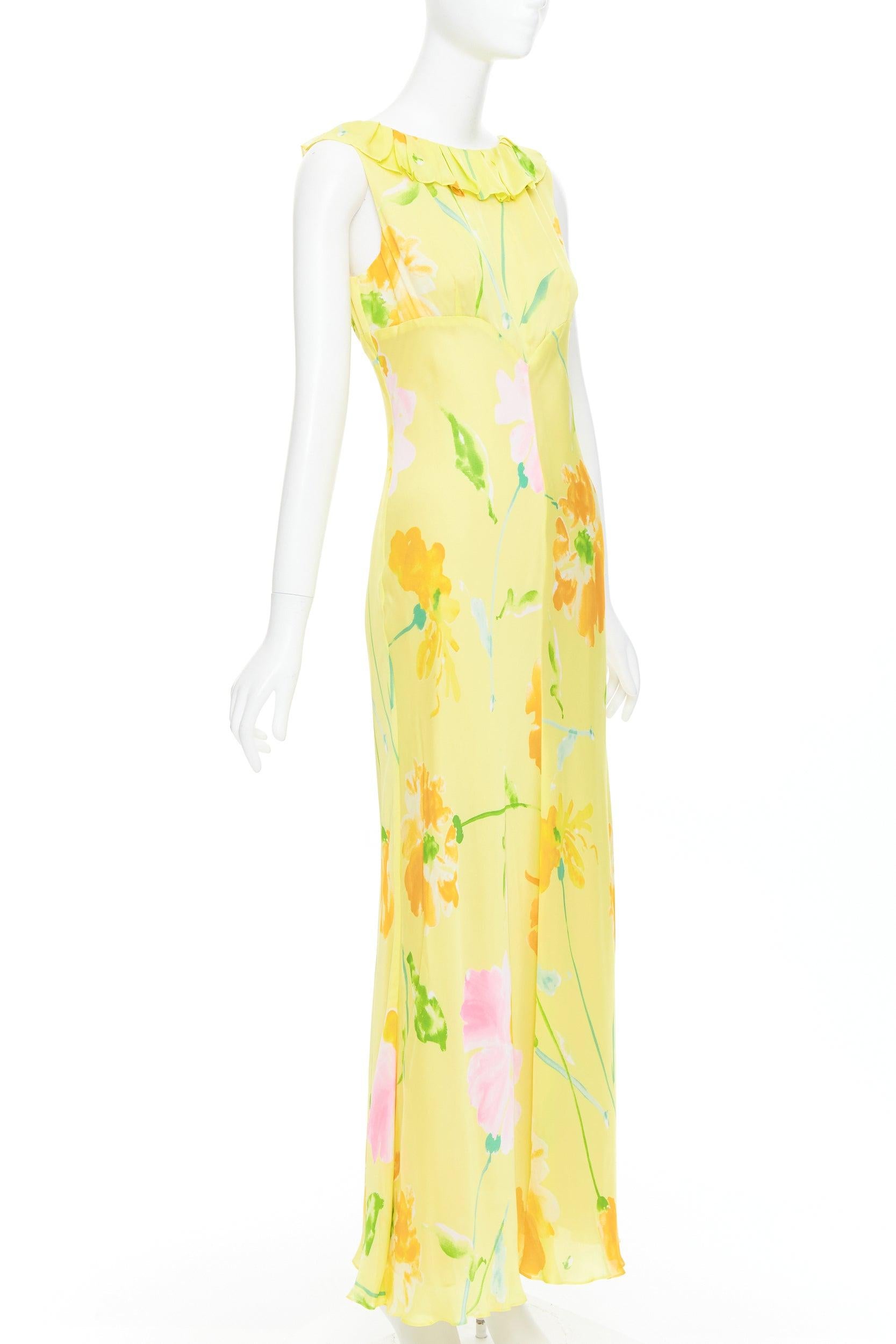Jaune DONNA KARAN Robe longue vintage jaune à imprimé floral et col volanté en vente