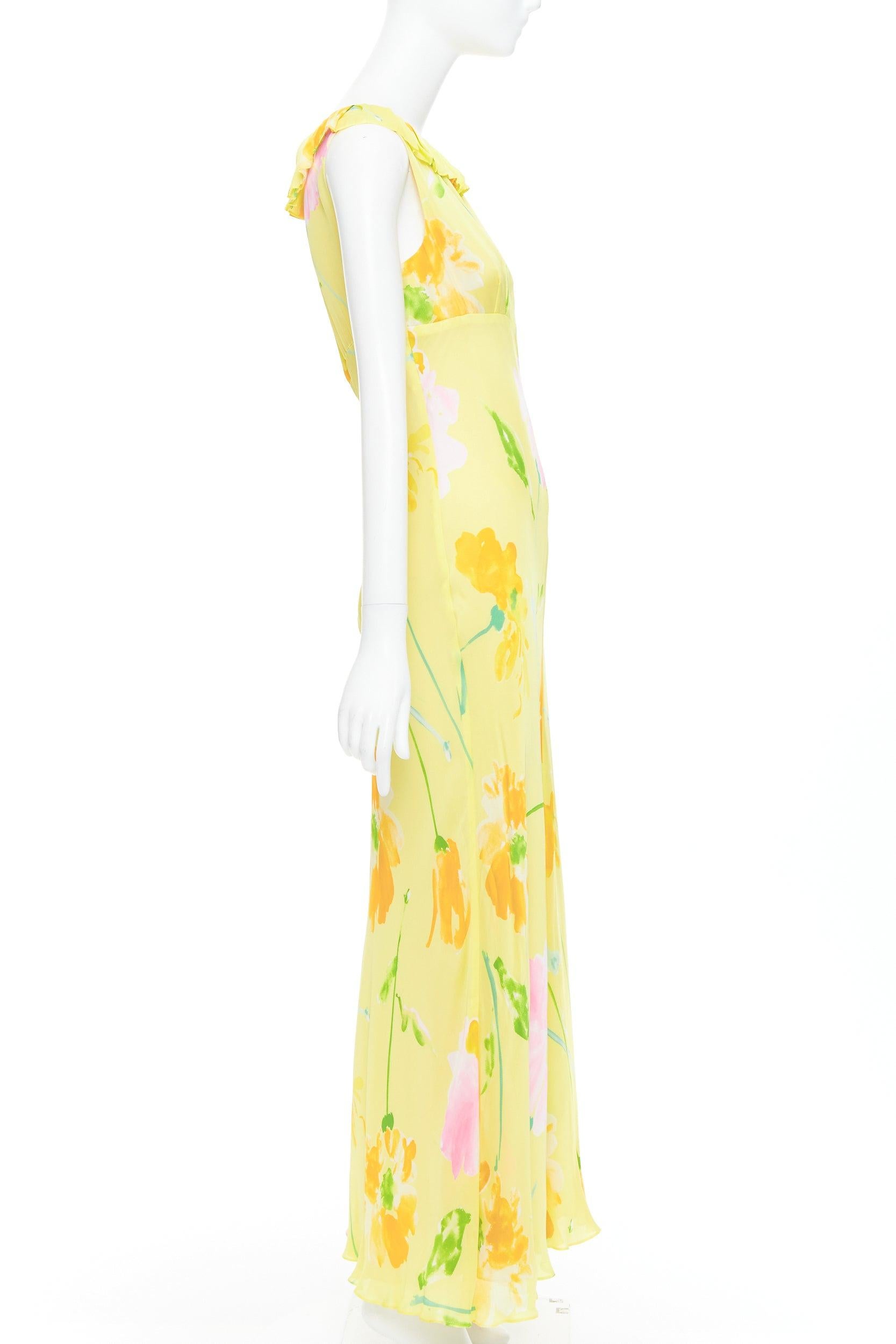 DONNA KARAN Robe longue vintage jaune à imprimé floral et col volanté Excellent état - En vente à Hong Kong, NT