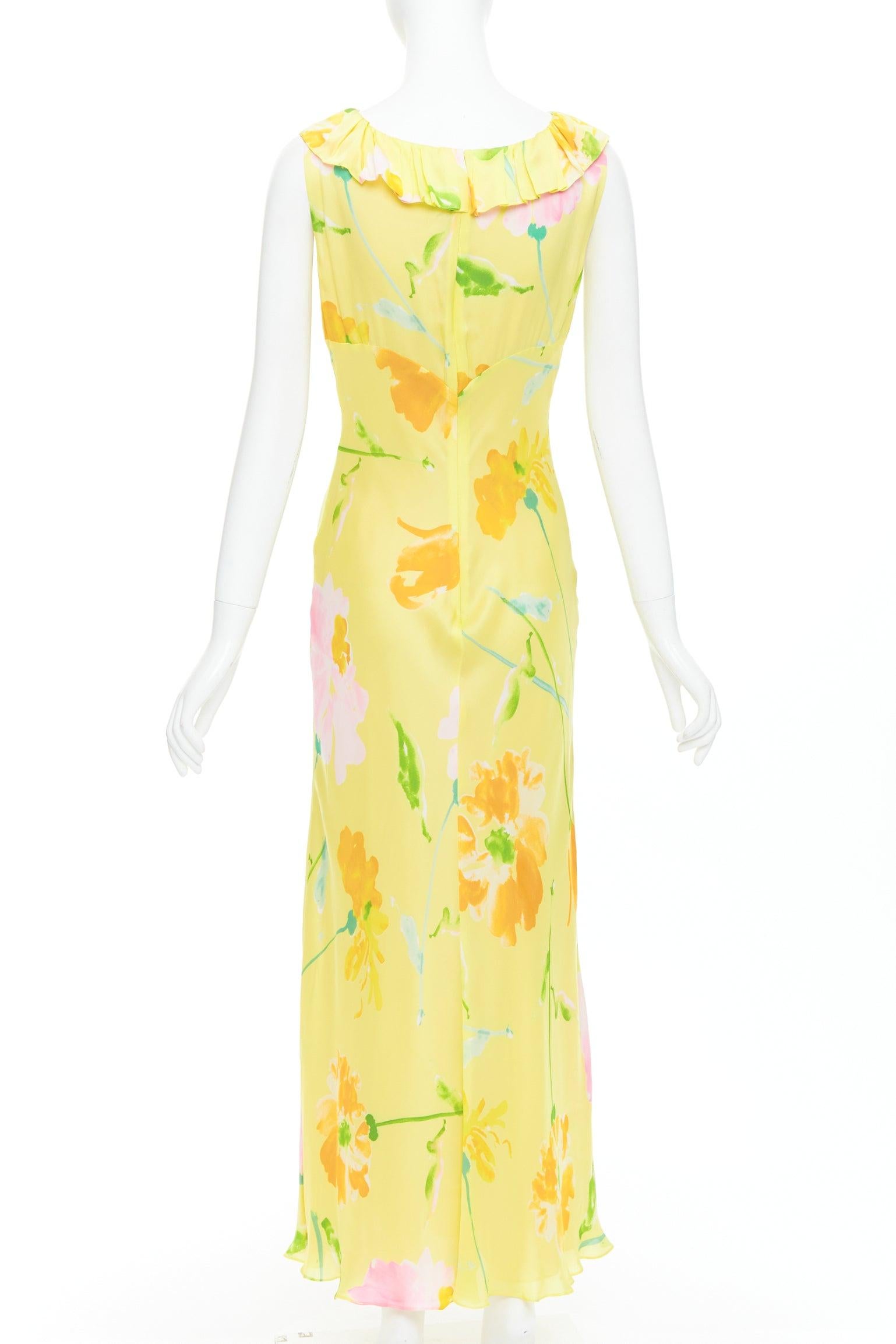DONNA KARAN Robe longue vintage jaune à imprimé floral et col volanté Pour femmes en vente