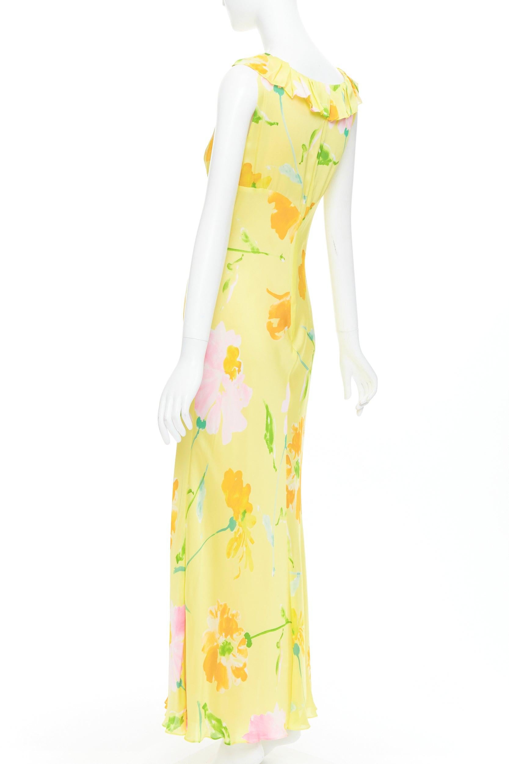 DONNA KARAN Robe longue vintage jaune à imprimé floral et col volanté en vente 1