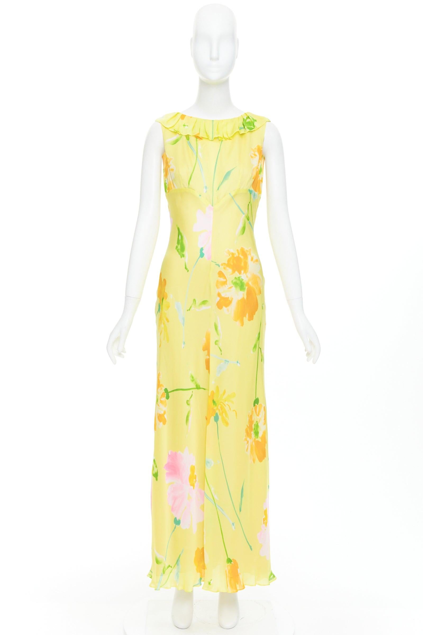 DONNA KARAN Robe longue vintage jaune à imprimé floral et col volanté en vente 4