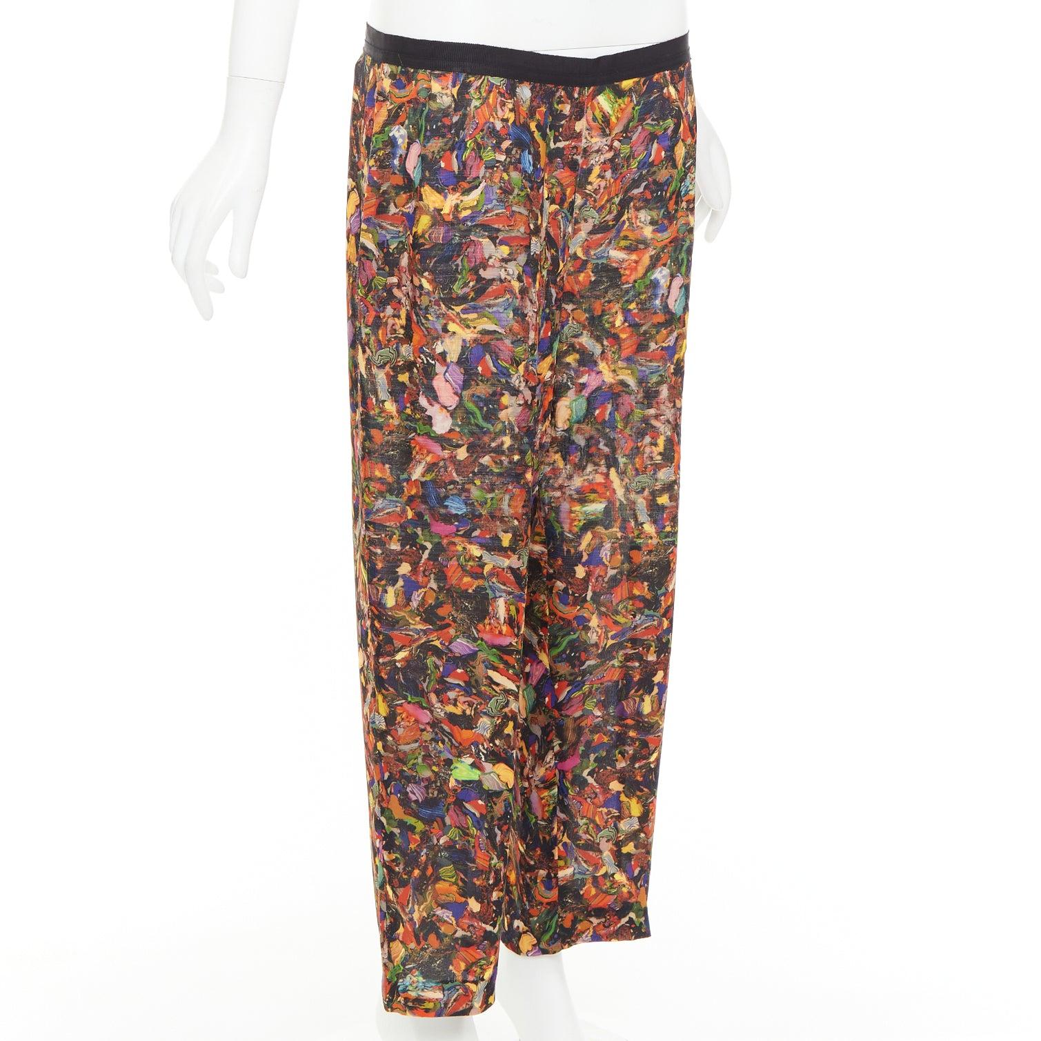 Marron DRIES VAN NOTEN 2008 multicolore 100% soie imprimé aquarelle pantalon fuselé FR42 XL en vente