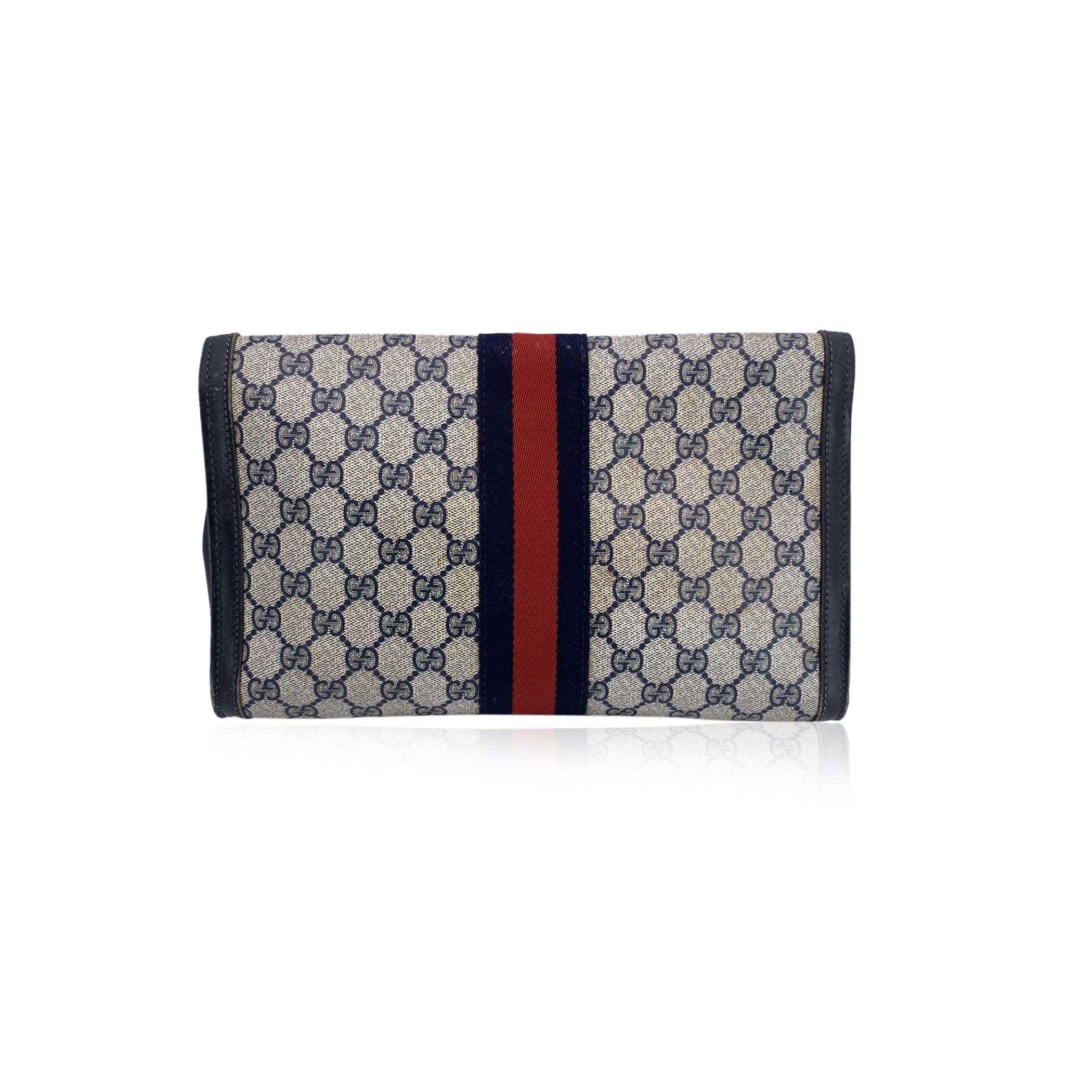 Noir Gucci Vintage Blue Monogram Canvas Web Flap Cosmetic Bag Clutch