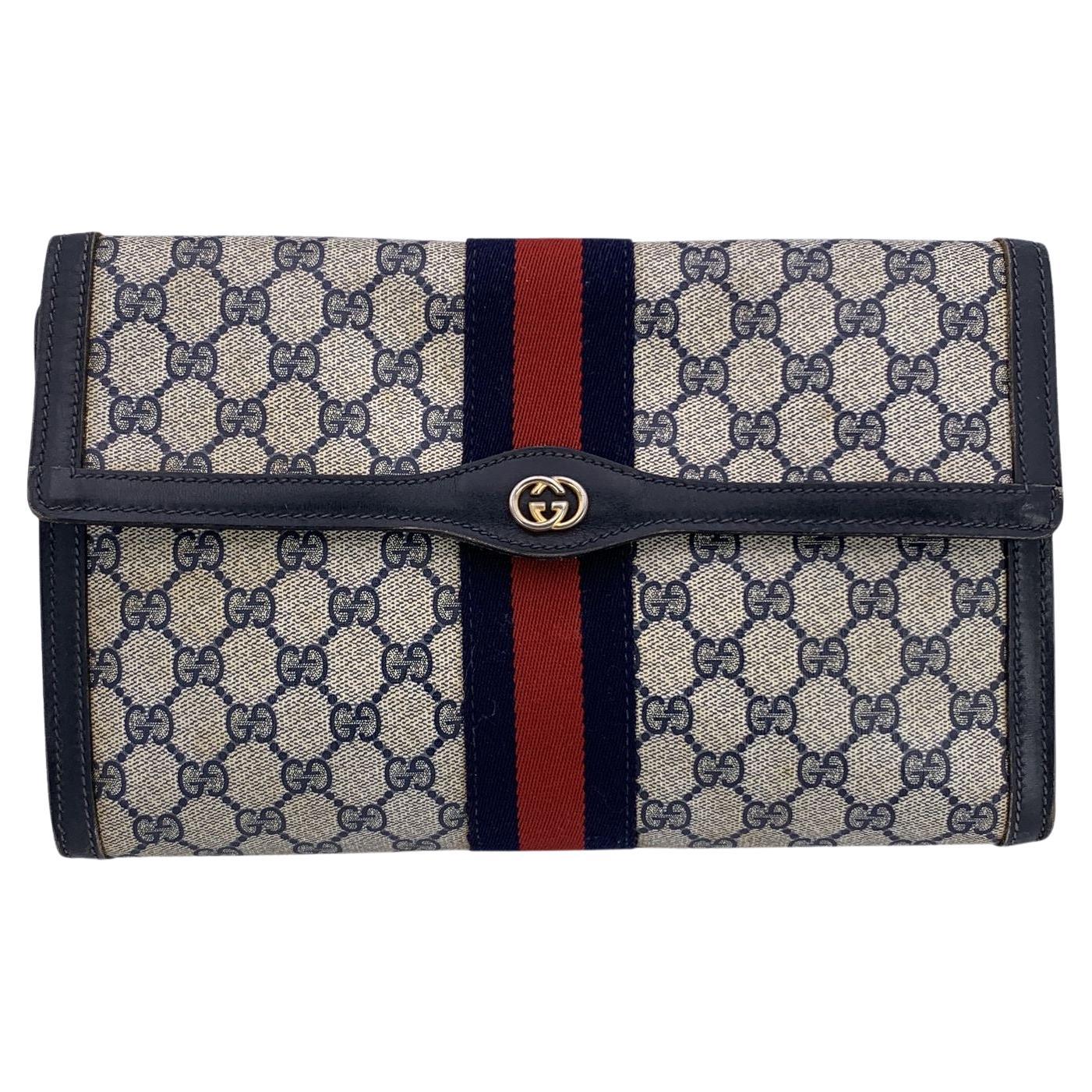 Gucci Vintage Blue Monogram Canvas Web Flap Cosmetic Bag Clutch