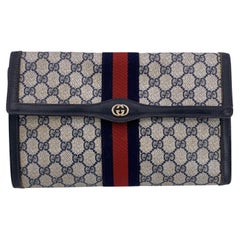 Gucci Vintage Blue Monogram Canvas Web Flap Cosmetic Bag Clutch