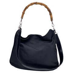 Gucci Vintage Black Nylon Hobo Shoulder Bag Tote Bamboo Handle
