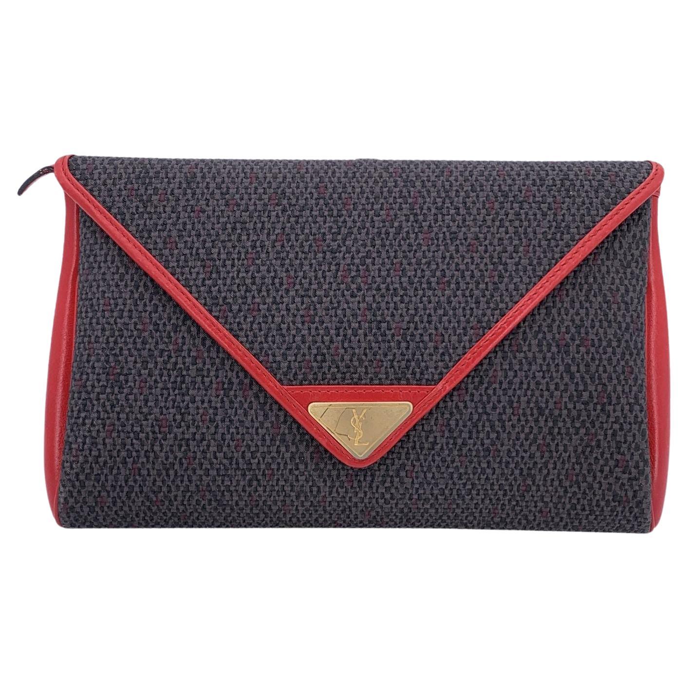 Yves Saint Laurent Vintage Grau Rot Texturierte Segeltuch Clutch Tasche
