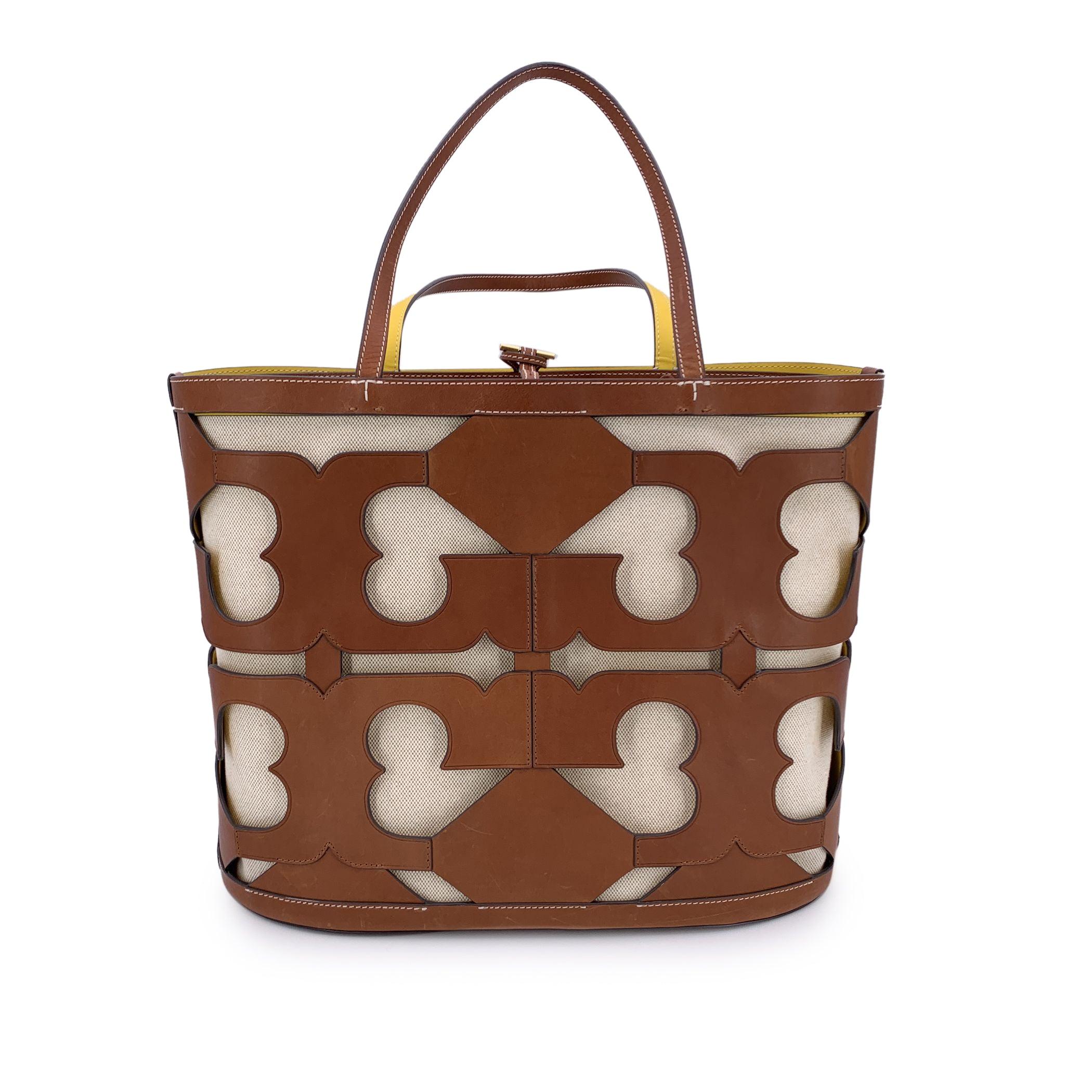 Marron Tory Burch Brown Cut Out Logo Leather and Canvas Ella Tote Bag en vente